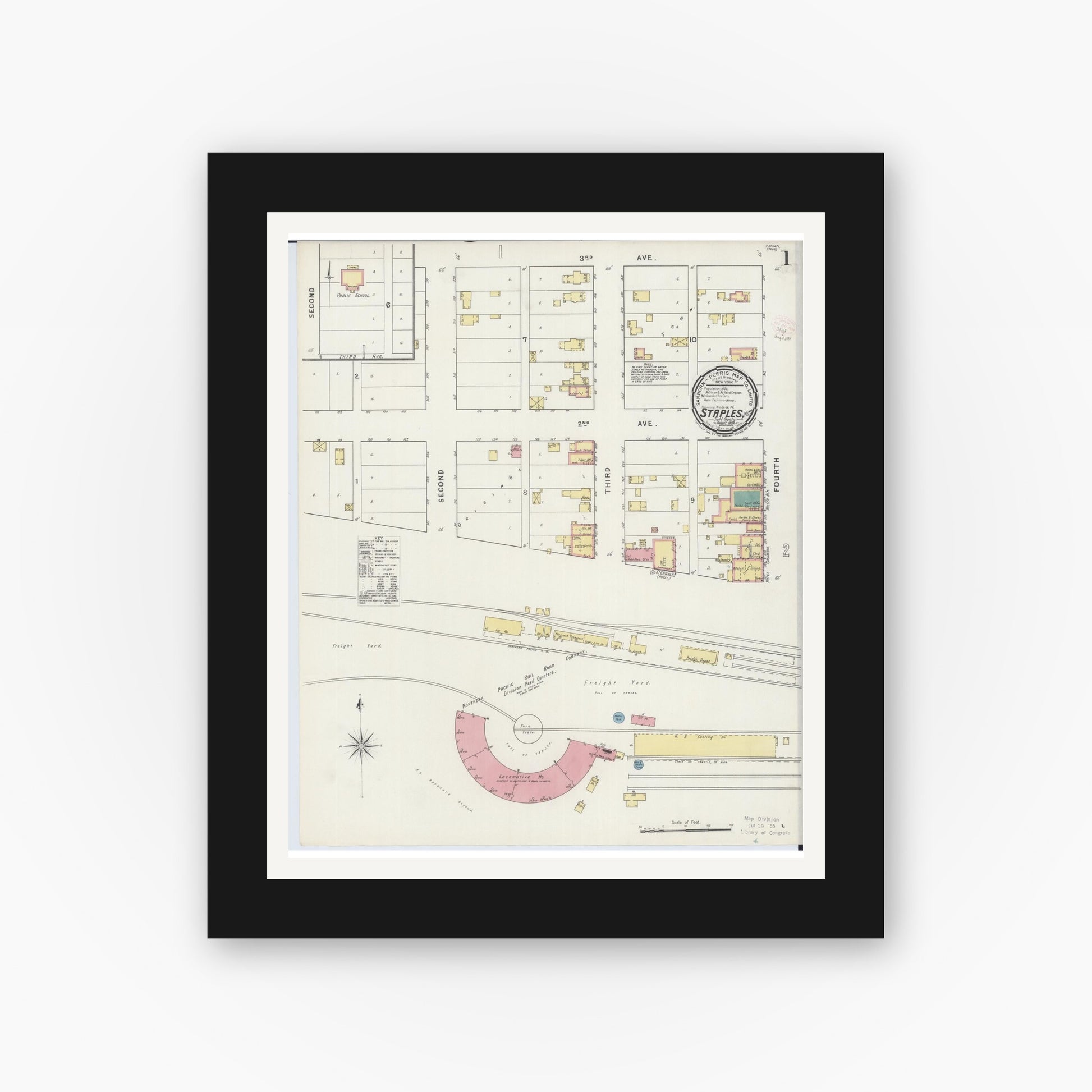 Old map wall art mockup — black gallery frame with white mat — Sanborn Fire Insurance Map from Staples, Todd County, Minnesota (1894), Sheet #0001