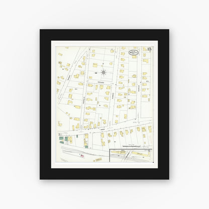 Old map wall art mockup — black gallery frame with white mat — Sanborn Fire Insurance Map from Wakefield, Middlesex County, Massachusetts (1909), Sheet #0015