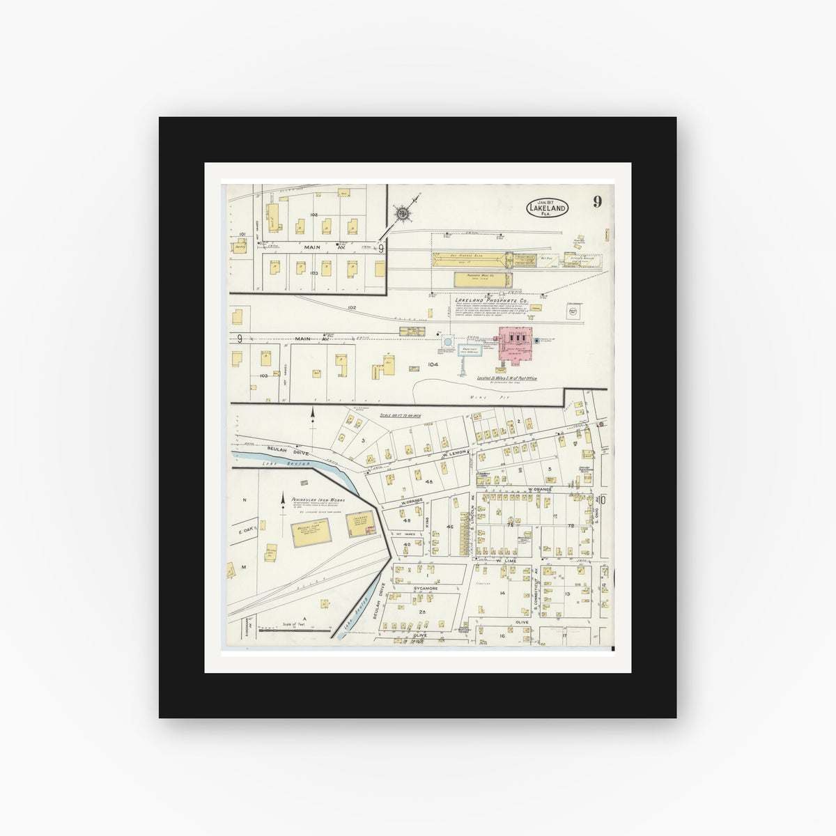 Old map wall art mockup — black gallery frame with white mat — Sanborn Fire Insurance Map from Lakeland, Polk County, Florida (1917), Sheet #0009
