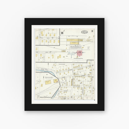 Old map wall art mockup — black gallery frame with white mat — Sanborn Fire Insurance Map from Lakeland, Polk County, Florida (1917), Sheet #0009