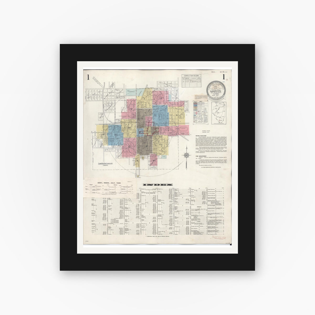 Old map wall art mockup — black gallery frame with white mat — Sanborn Fire Insurance Map from Marion, Williamson County, Illinois (1946) - Complete Map Set