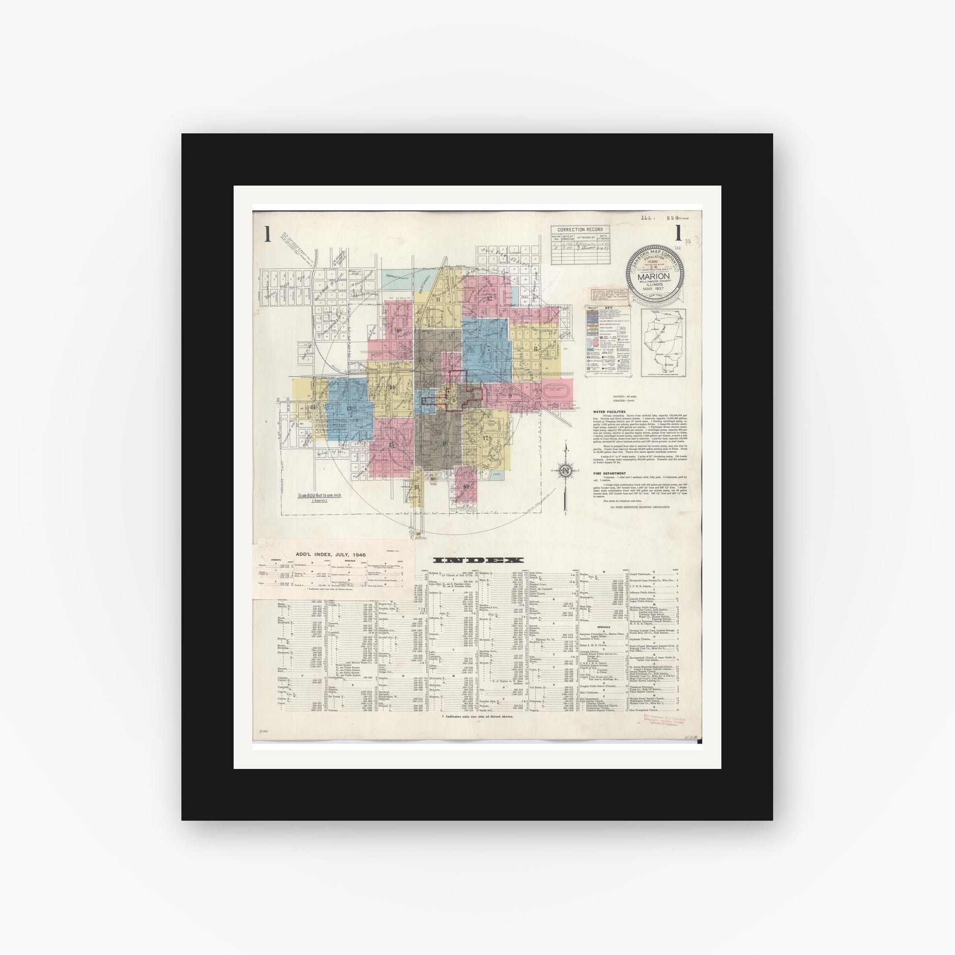 Old map wall art mockup — black gallery frame with white mat — Sanborn Fire Insurance Map from Marion, Williamson County, Illinois (1946) - Complete Map Set