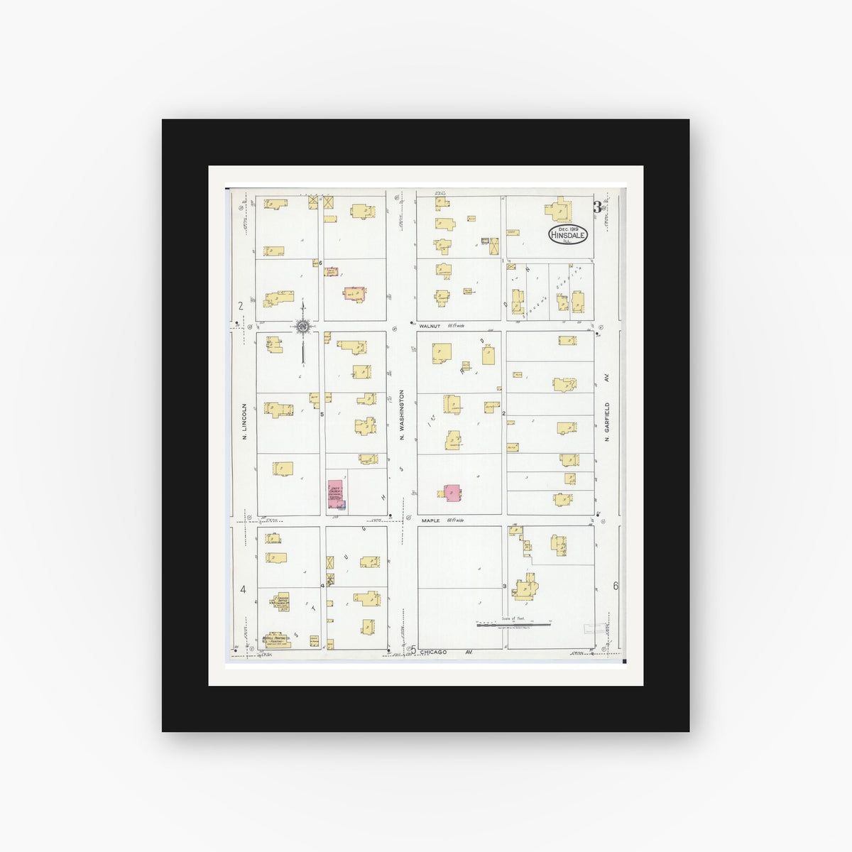Old map wall art mockup — black gallery frame with white mat — Sanborn Fire Insurance Map from Hinsdale, Du Page And Cook Counties, Illinois (1919), Sheet #0003
