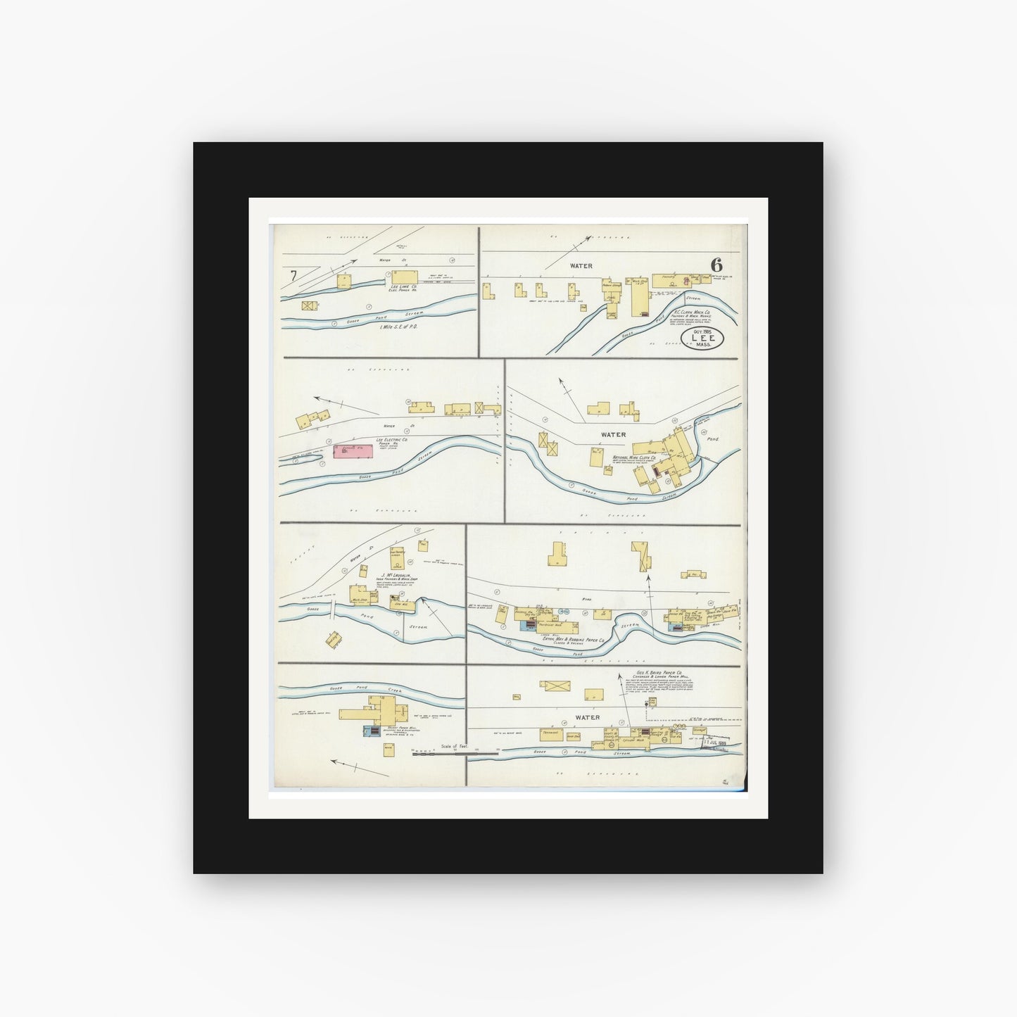 Old map wall art mockup — black gallery frame with white mat — Sanborn Fire Insurance Map from Lee, Berkshire County, Massachusetts (1905), Sheet #0006