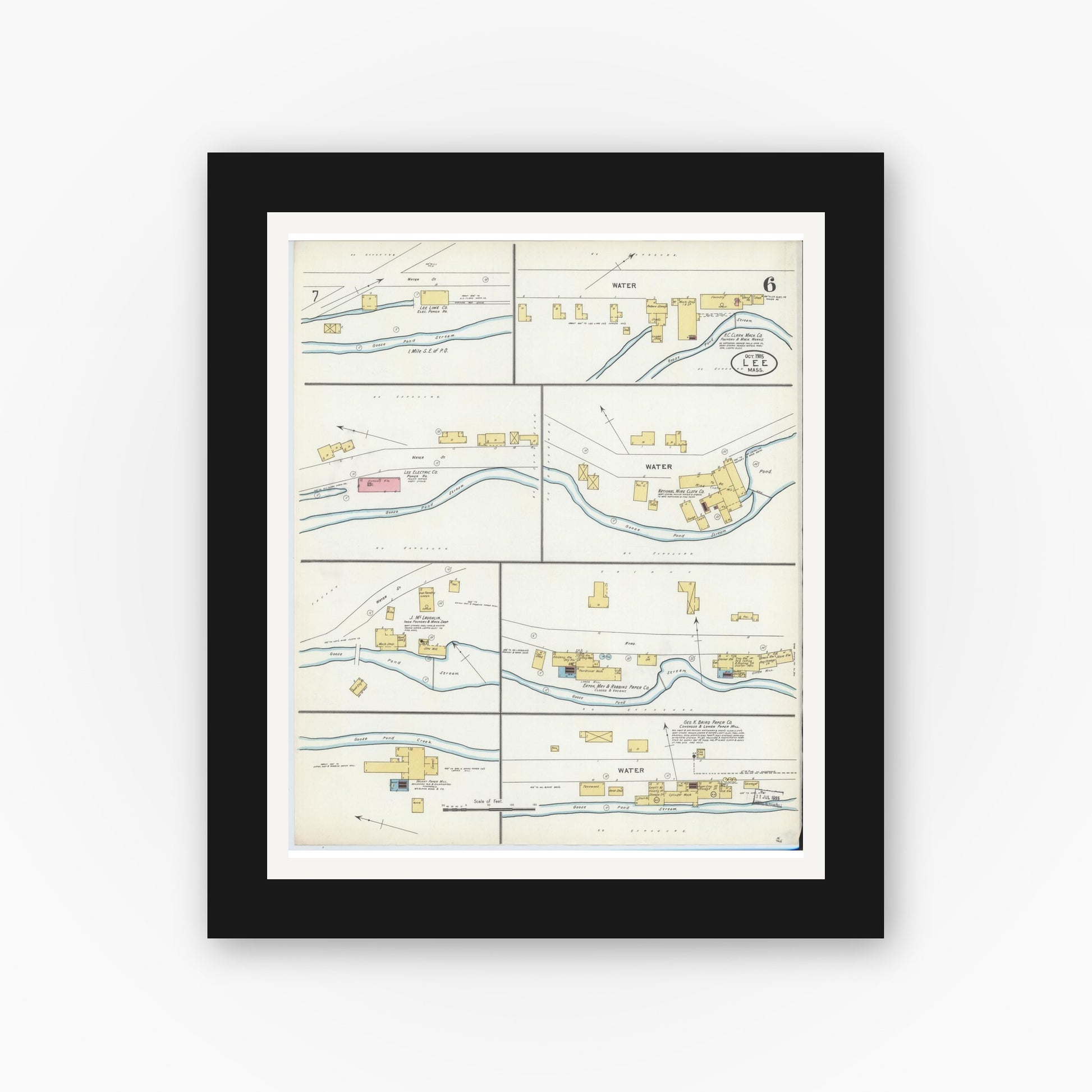 Old map wall art mockup — black gallery frame with white mat — Sanborn Fire Insurance Map from Lee, Berkshire County, Massachusetts (1905), Sheet #0006
