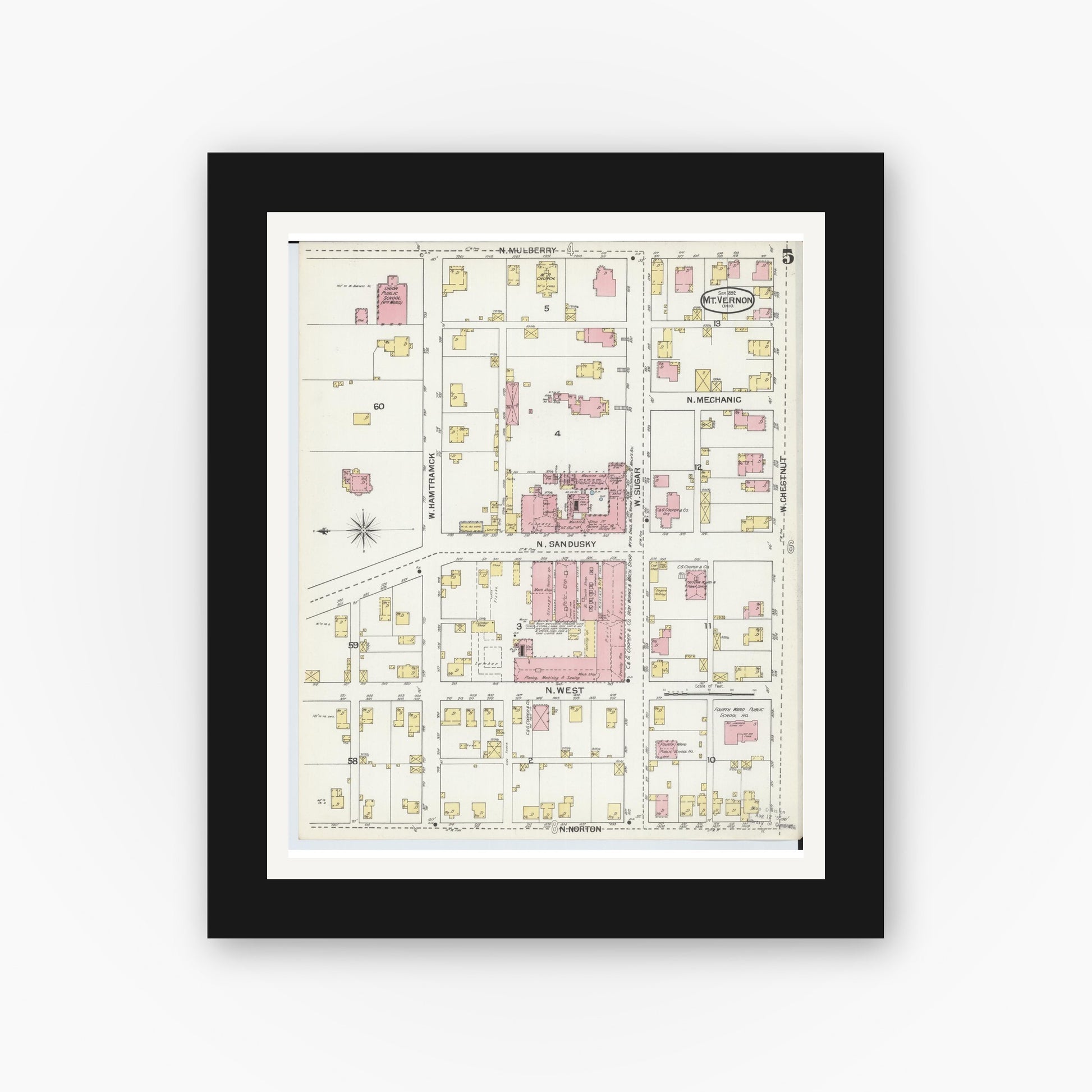 Old map wall art mockup — black gallery frame with white mat — Sanborn Fire Insurance Map from Mount Vernon, Knox County, Ohio (1892), Sheet #0005