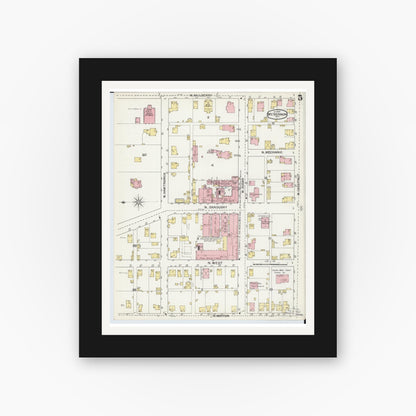 Old map wall art mockup — black gallery frame with white mat — Sanborn Fire Insurance Map from Mount Vernon, Knox County, Ohio (1892), Sheet #0005