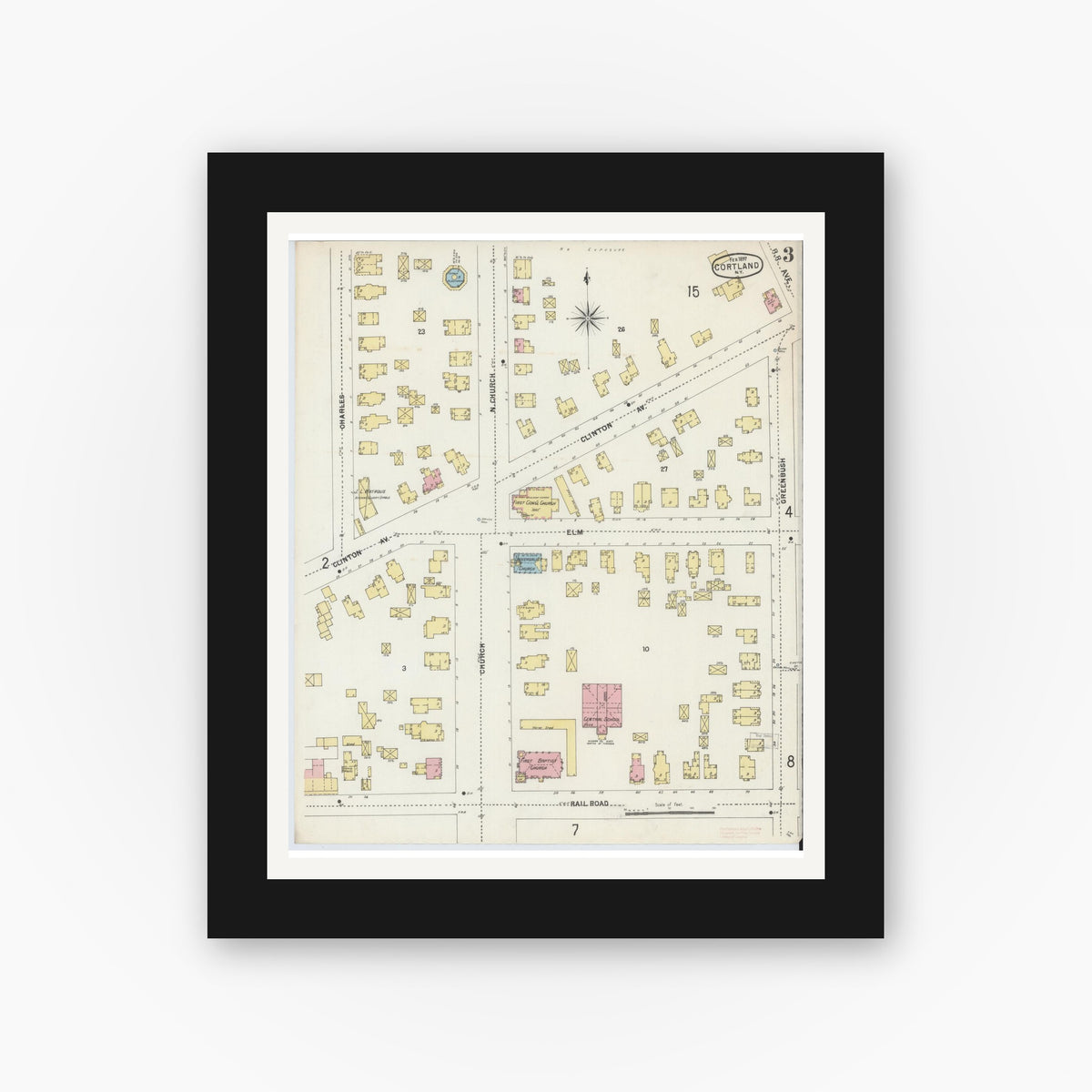 Old map wall art mockup — black gallery frame with white mat — Sanborn Fire Insurance Map from Cortland, Cortland County, New York (1897), Sheet #0003