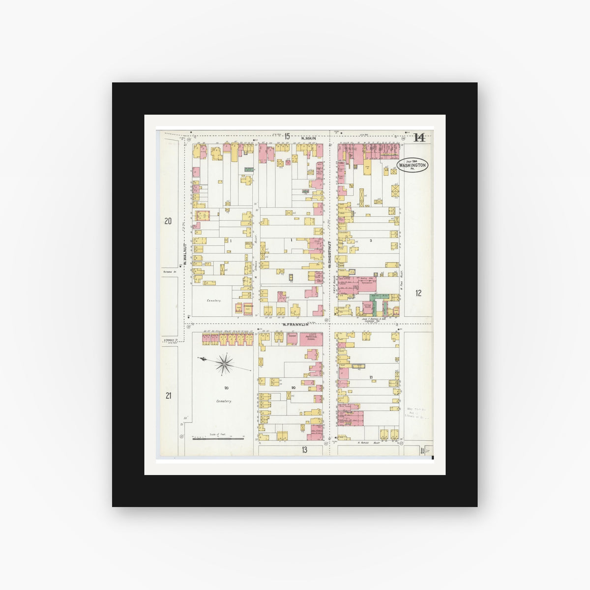 Old map wall art mockup — black gallery frame with white mat — Sanborn Fire Insurance Map from Washington, Washington County, Pennsylvania (1904), Sheet #0014