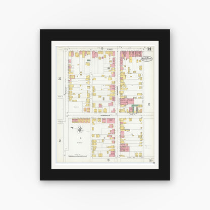 Old map wall art mockup — black gallery frame with white mat — Sanborn Fire Insurance Map from Washington, Washington County, Pennsylvania (1904), Sheet #0014