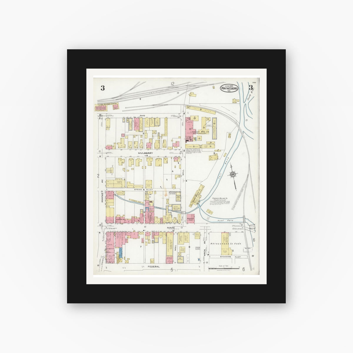 Old map wall art mockup — black gallery frame with white mat — Sanborn Fire Insurance Map from Waynesboro, Independent Cities, Virginia (1925), Sheet #0003