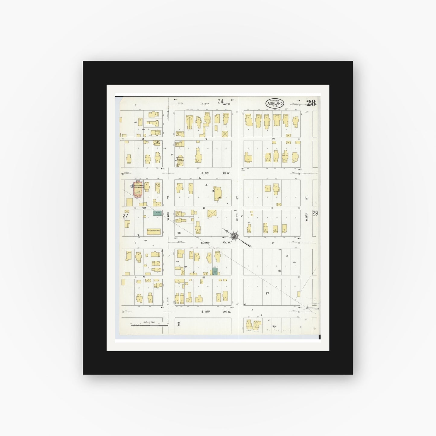 Old map wall art mockup — black gallery frame with white mat — Sanborn Fire Insurance Map from Ashland, Ashland County, Wisconsin (1909), Sheet #0028