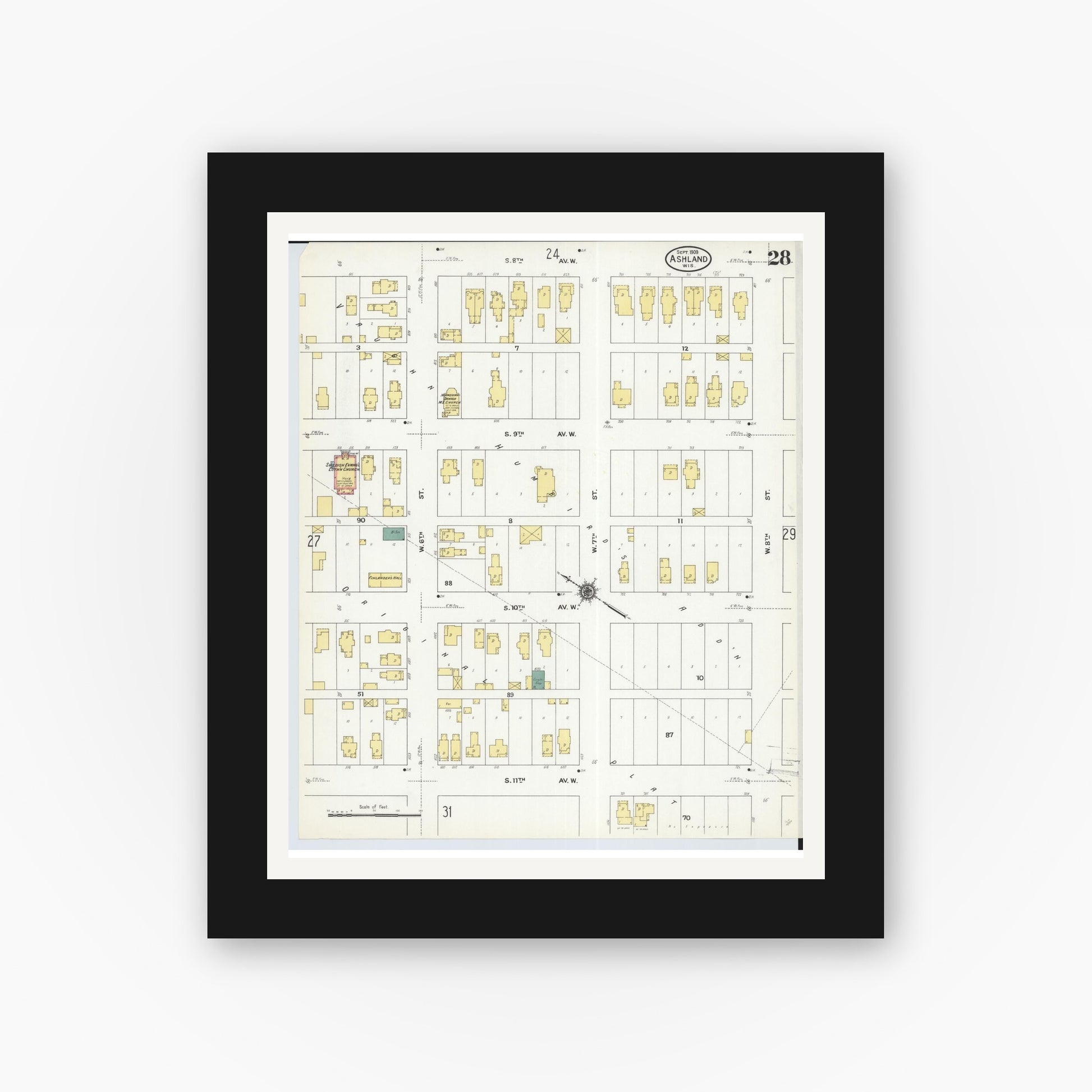 Old map wall art mockup — black gallery frame with white mat — Sanborn Fire Insurance Map from Ashland, Ashland County, Wisconsin (1909), Sheet #0028