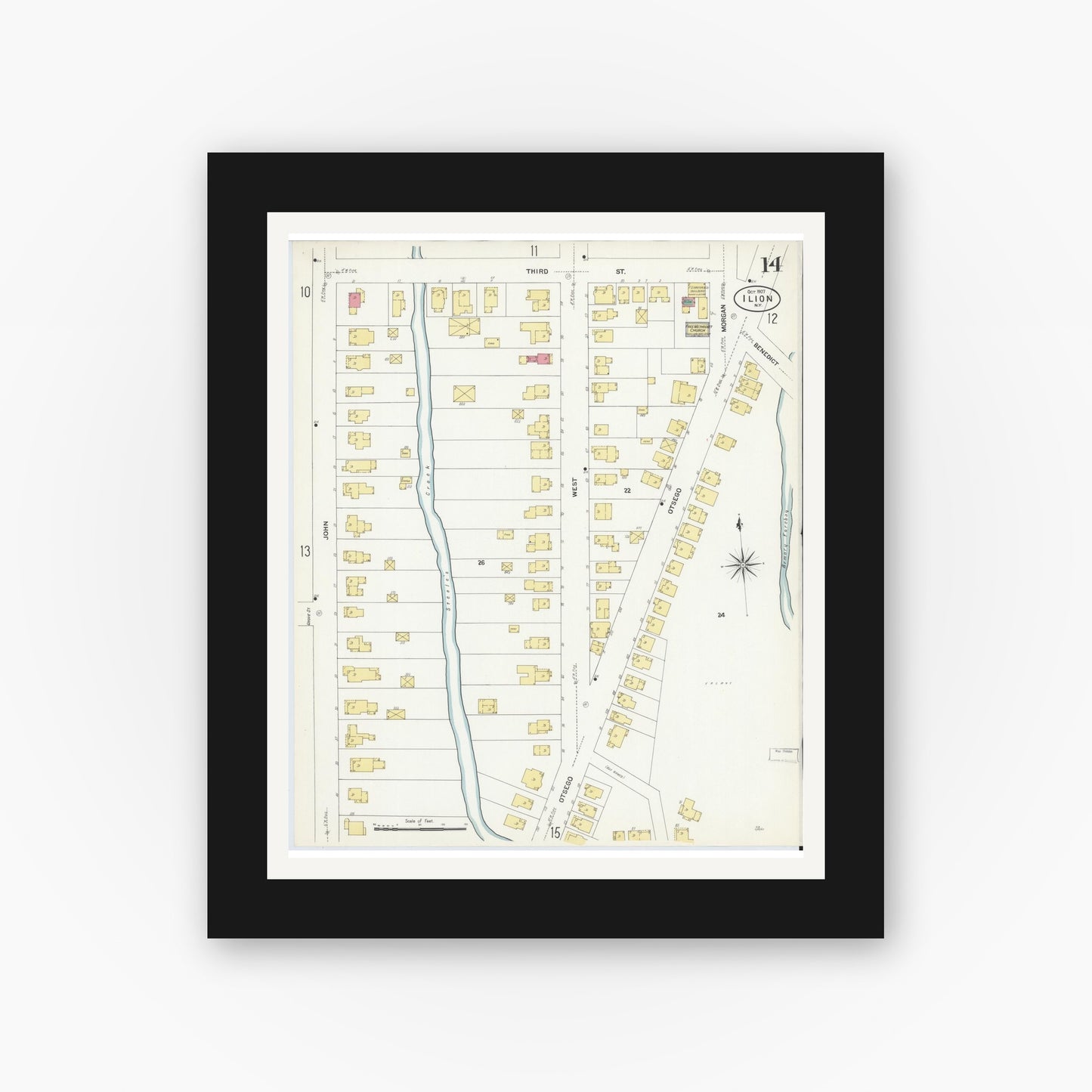 Old map wall art mockup — black gallery frame with white mat — Sanborn Fire Insurance Map from Ilion, Herkimer County, New York (1907), Sheet #0014