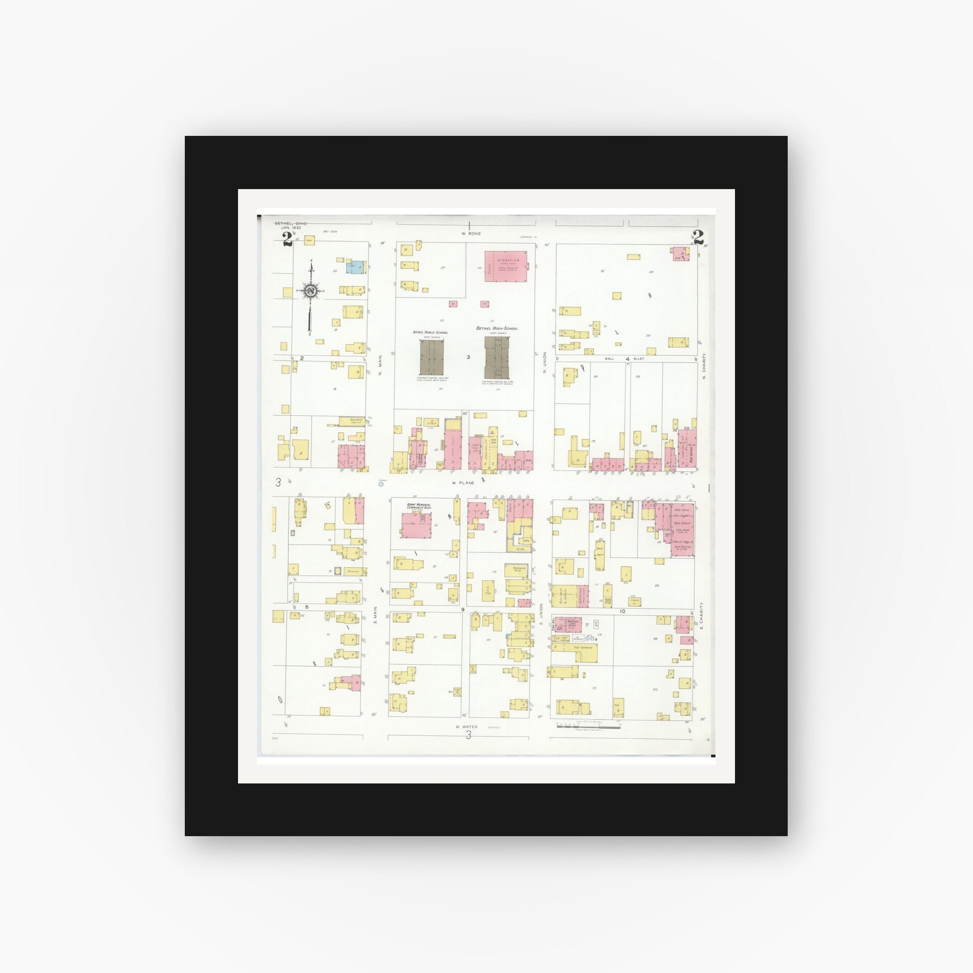 Old map wall art mockup — black gallery frame with white mat — Sanborn Fire Insurance Map from Bethel, Clermont County, Ohio (1933), Sheet #0002