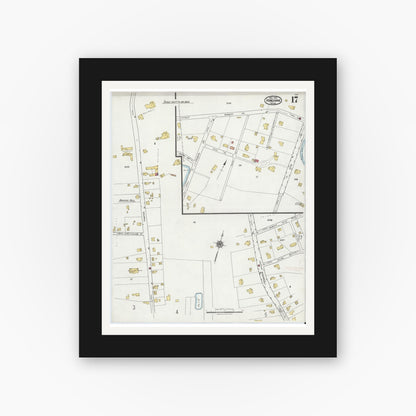 Old map wall art mockup — black gallery frame with white mat — Sanborn Fire Insurance Map from Hingham, Plymouth County, Massachusetts (1921), Sheet #0017