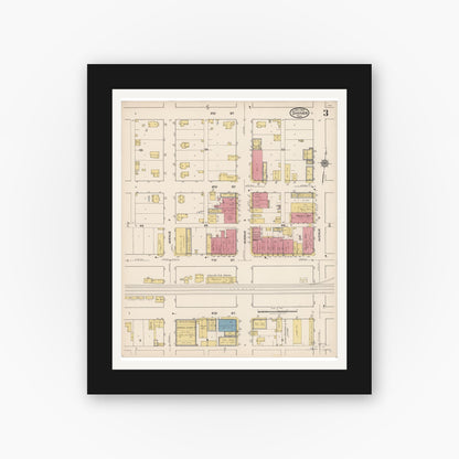 Old map wall art mockup — black gallery frame with white mat — Sanborn Fire Insurance Map from Shiner, Lavaca County, Texas (1922), Sheet #0003
