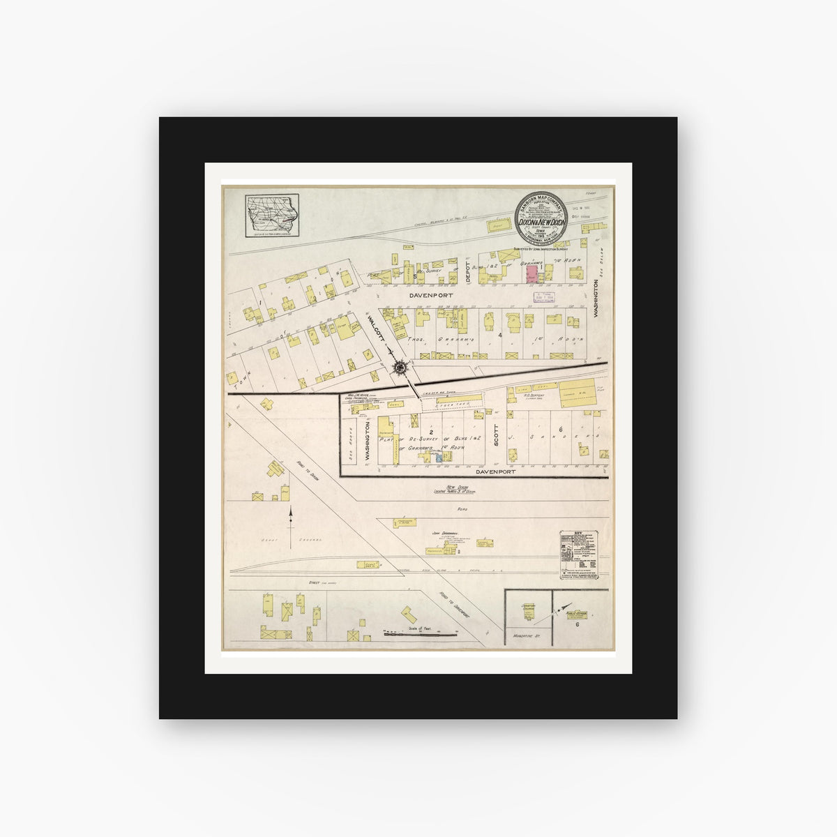 Old map wall art mockup — black gallery frame with white mat — Sanborn Fire Insurance Map from Dixon, Scott County, Iowa (1913), Sheet #0001