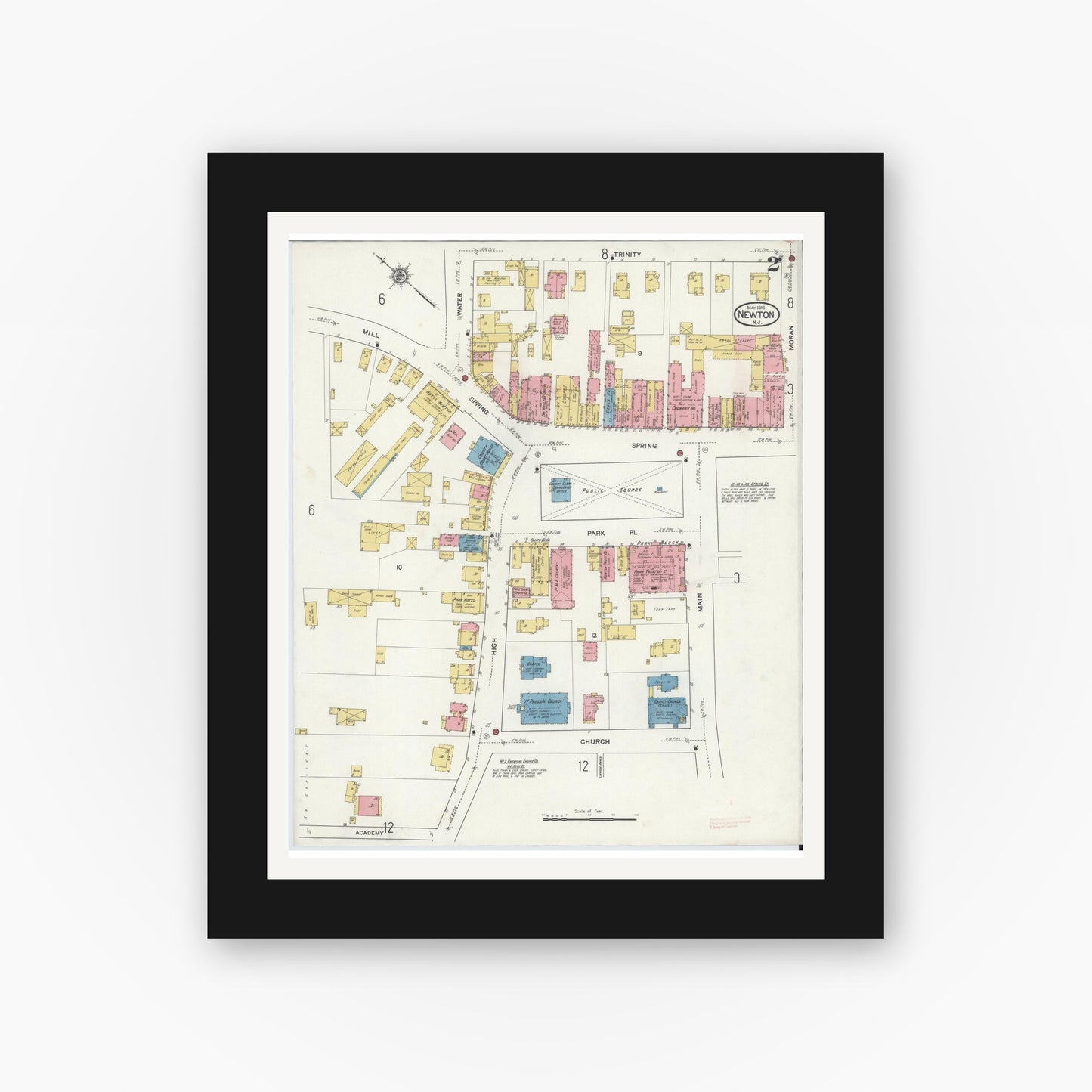 Old map wall art mockup — black gallery frame with white mat — Sanborn Fire Insurance Map from Newton, Sussex County, New Jersey (1916), Sheet #0002