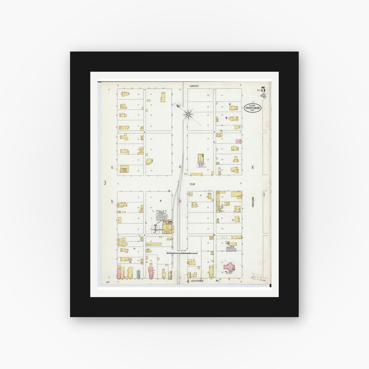 Old map wall art mockup — black gallery frame with white mat — Sanborn Fire Insurance Map from Perrysburg, Wood County, Ohio (1900), Sheet #0005