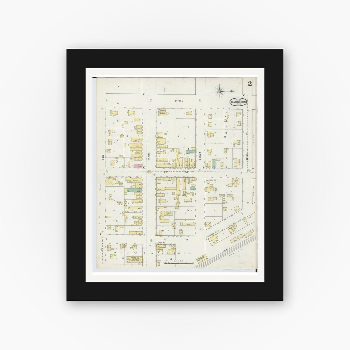 Old map wall art mockup — black gallery frame with white mat — Sanborn Fire Insurance Map from Harrison, Clare County, Michigan (1895), Sheet #0002