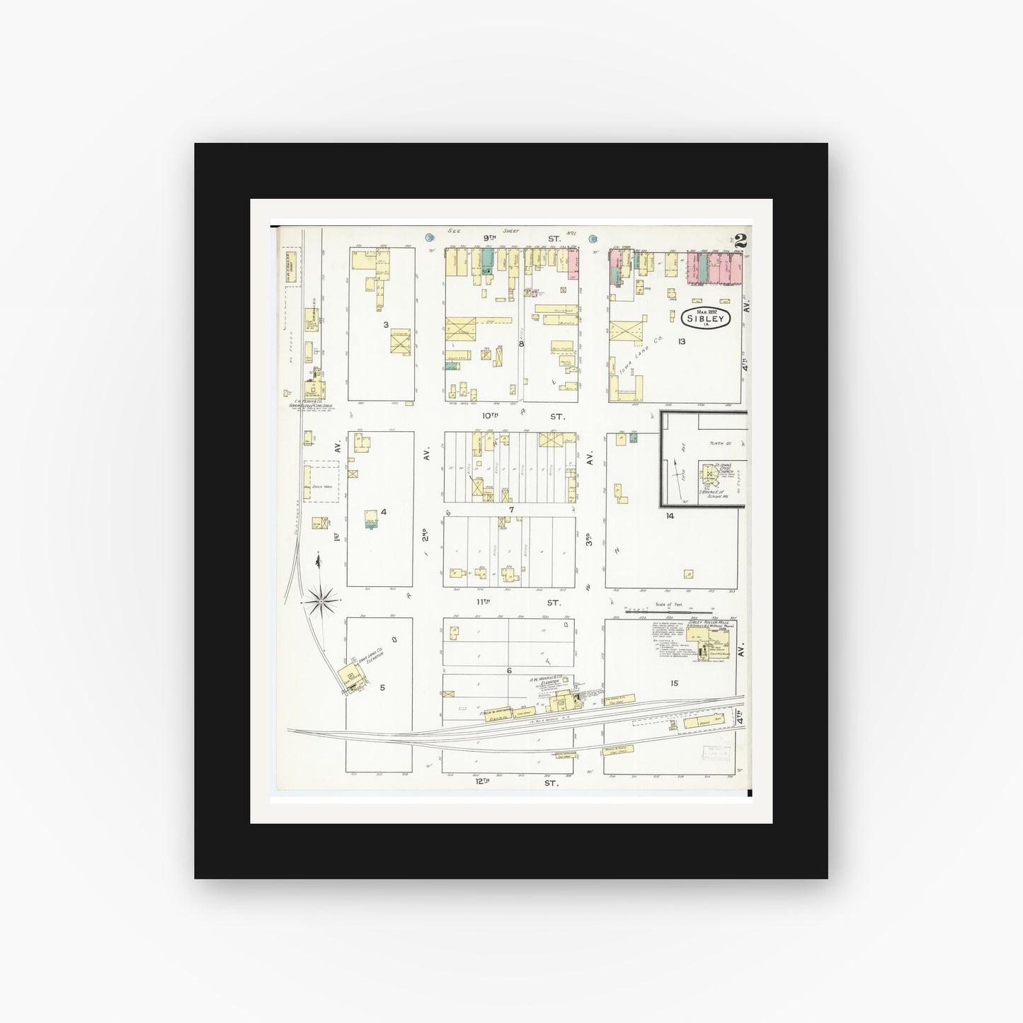 Old map wall art mockup — black gallery frame with white mat — Sanborn Fire Insurance Map from Sibley, Osceola County, Iowa (1892), Sheet #0002