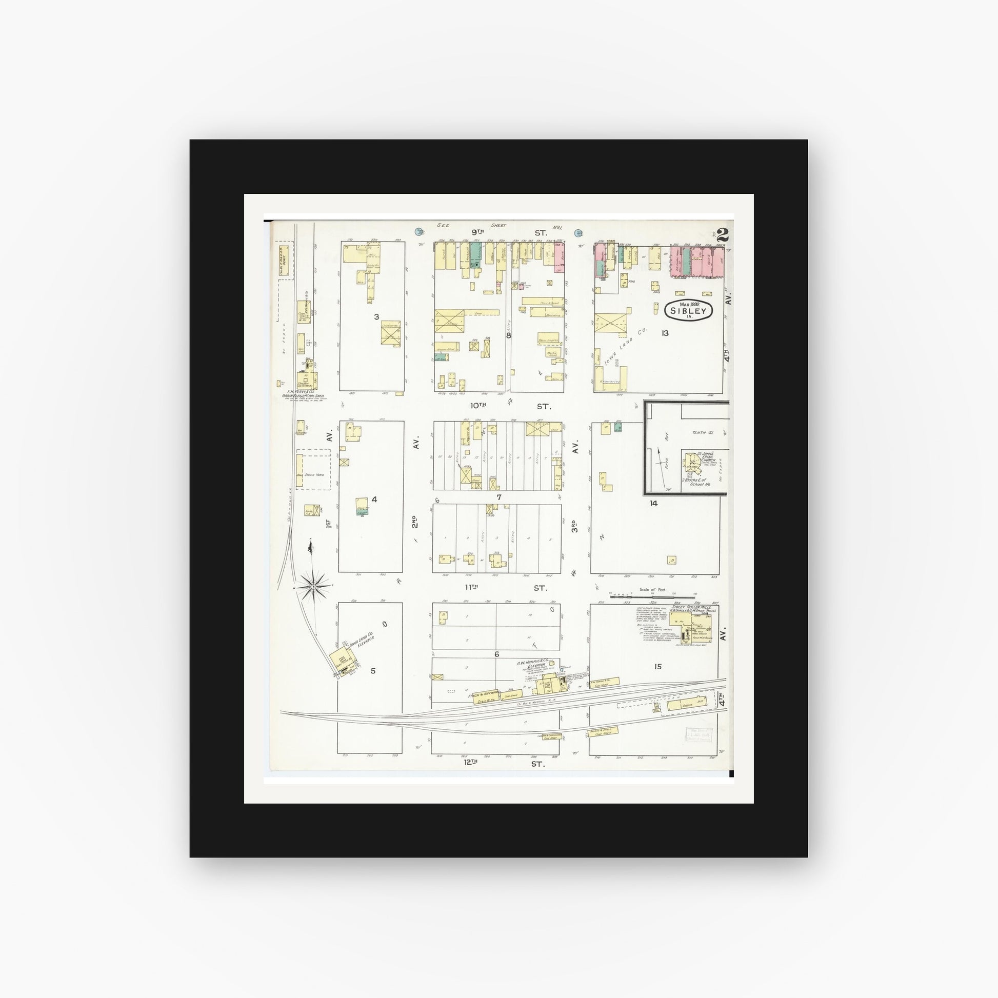 Old map wall art mockup — black gallery frame with white mat — Sanborn Fire Insurance Map from Sibley, Osceola County, Iowa (1892), Sheet #0002