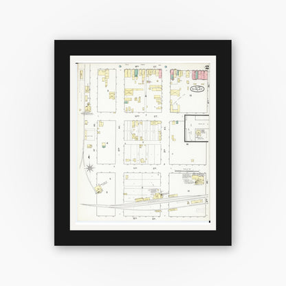 Old map wall art mockup — black gallery frame with white mat — Sanborn Fire Insurance Map from Sibley, Osceola County, Iowa (1892), Sheet #0002