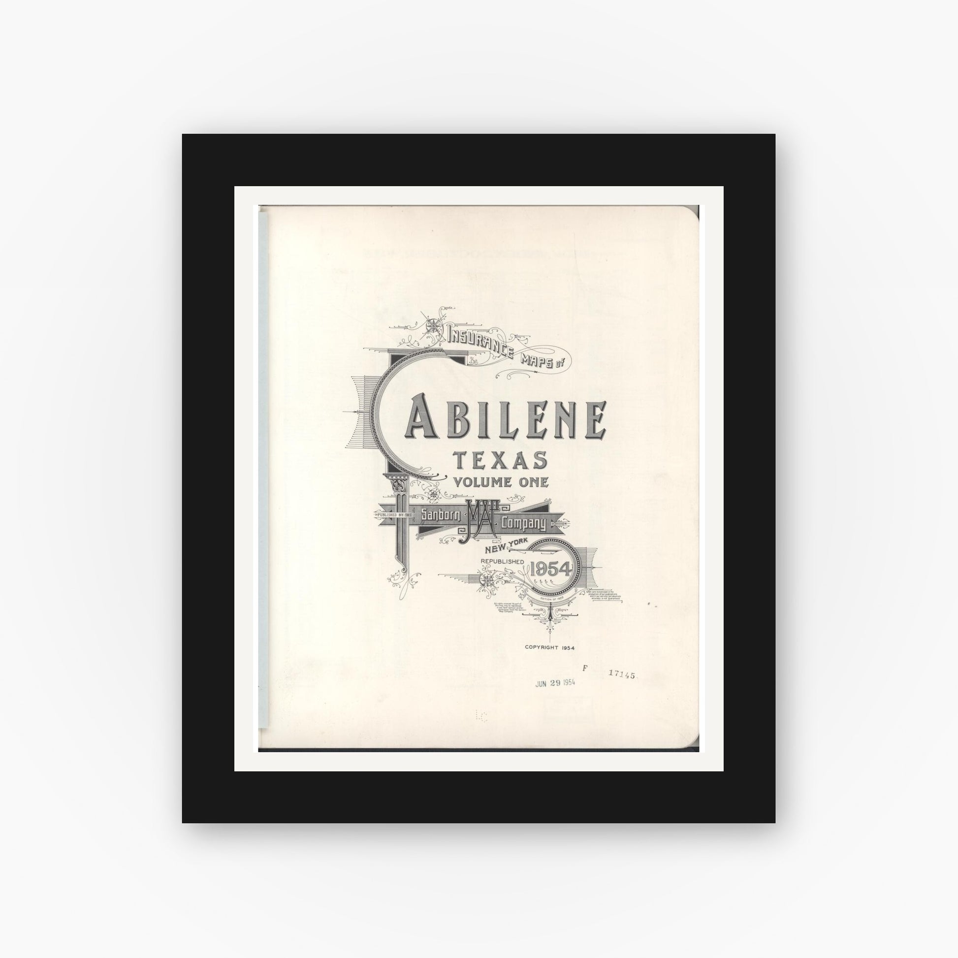 Old map wall art mockup — black gallery frame with white mat — Sanborn Fire Insurance Map from Abilene, Taylor County, Texas (1954), Sheet #0001