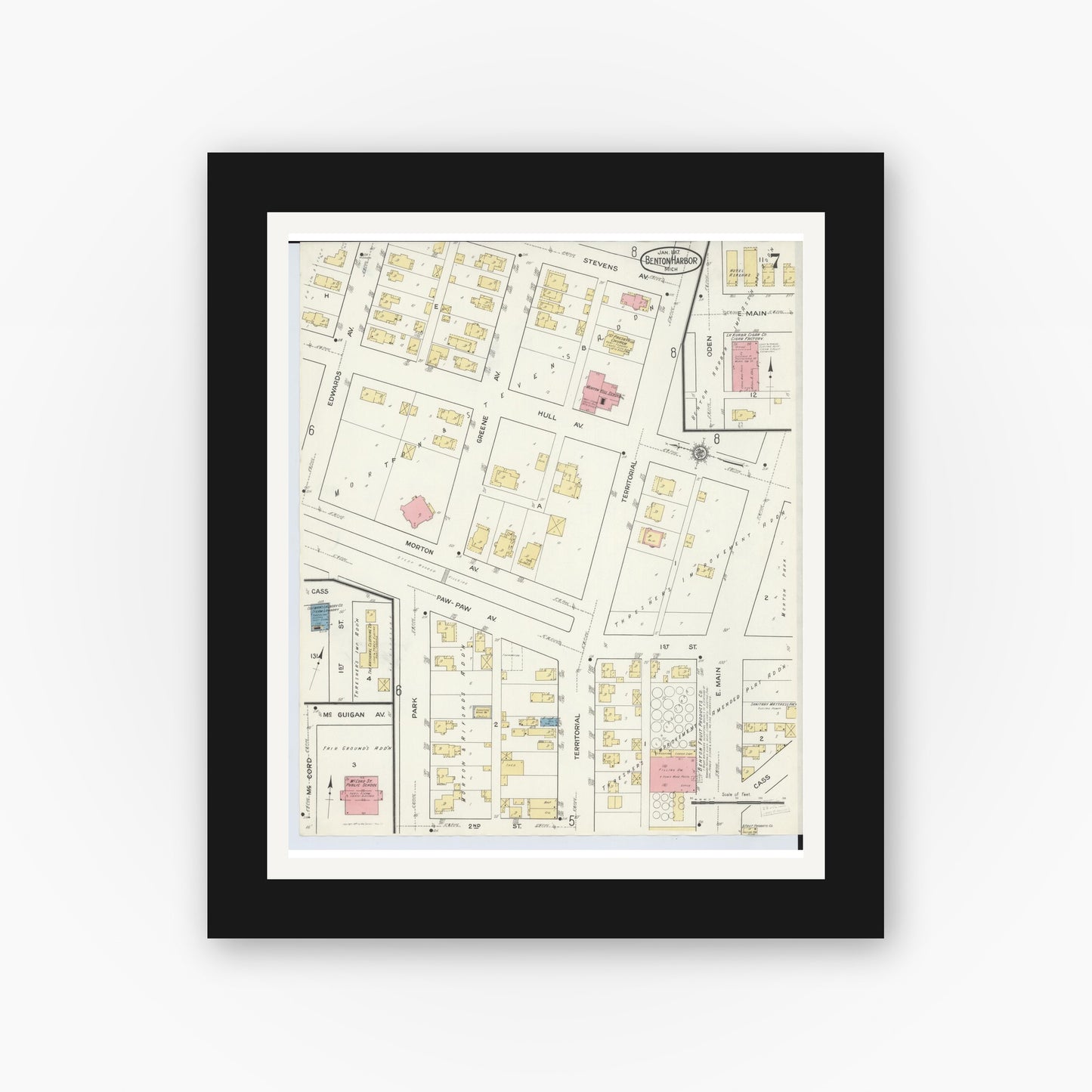 Old map wall art mockup — black gallery frame with white mat — Sanborn Fire Insurance Map from Benton Harbor, Berrien County, Michigan (1917), Sheet #0007