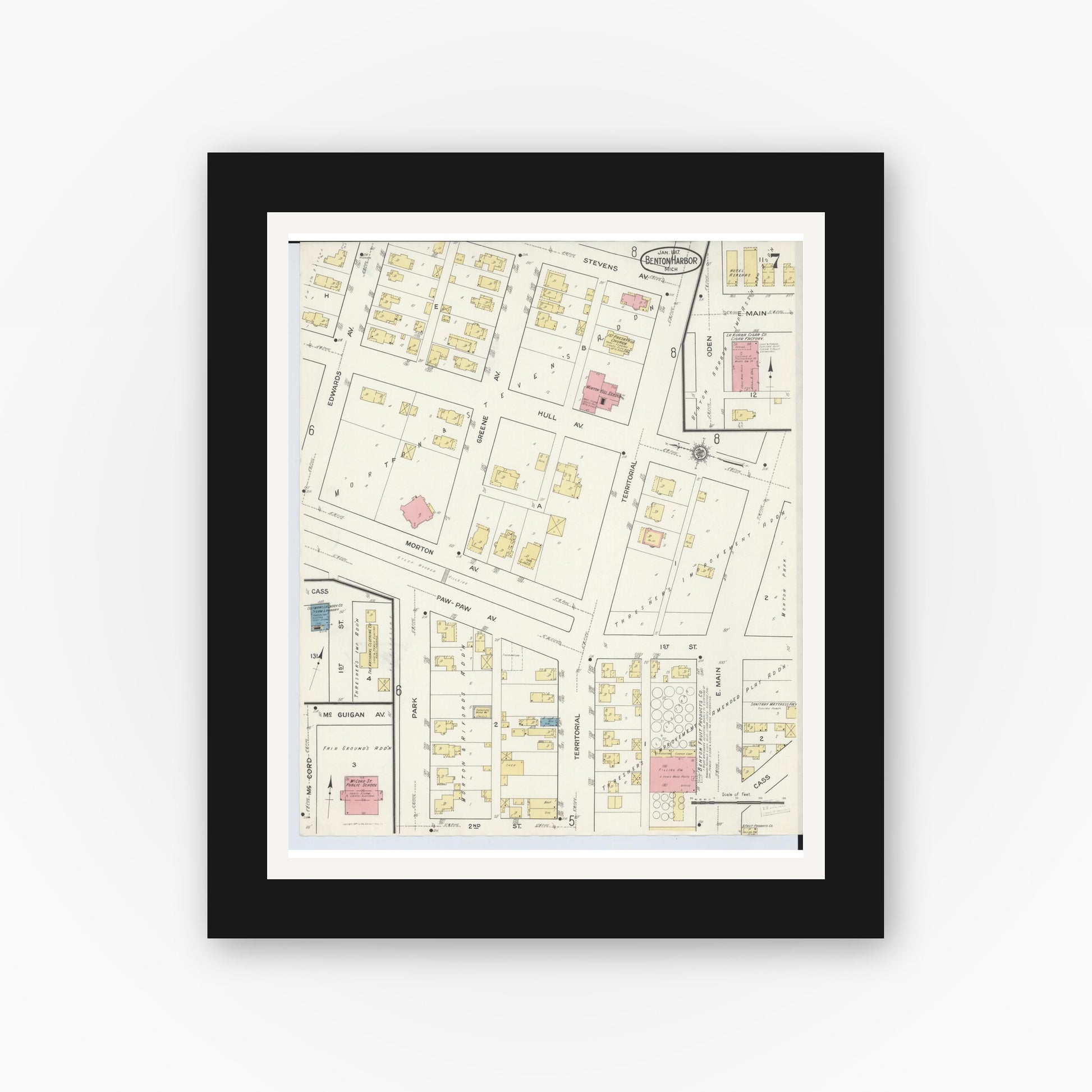 Old map wall art mockup — black gallery frame with white mat — Sanborn Fire Insurance Map from Benton Harbor, Berrien County, Michigan (1917), Sheet #0007