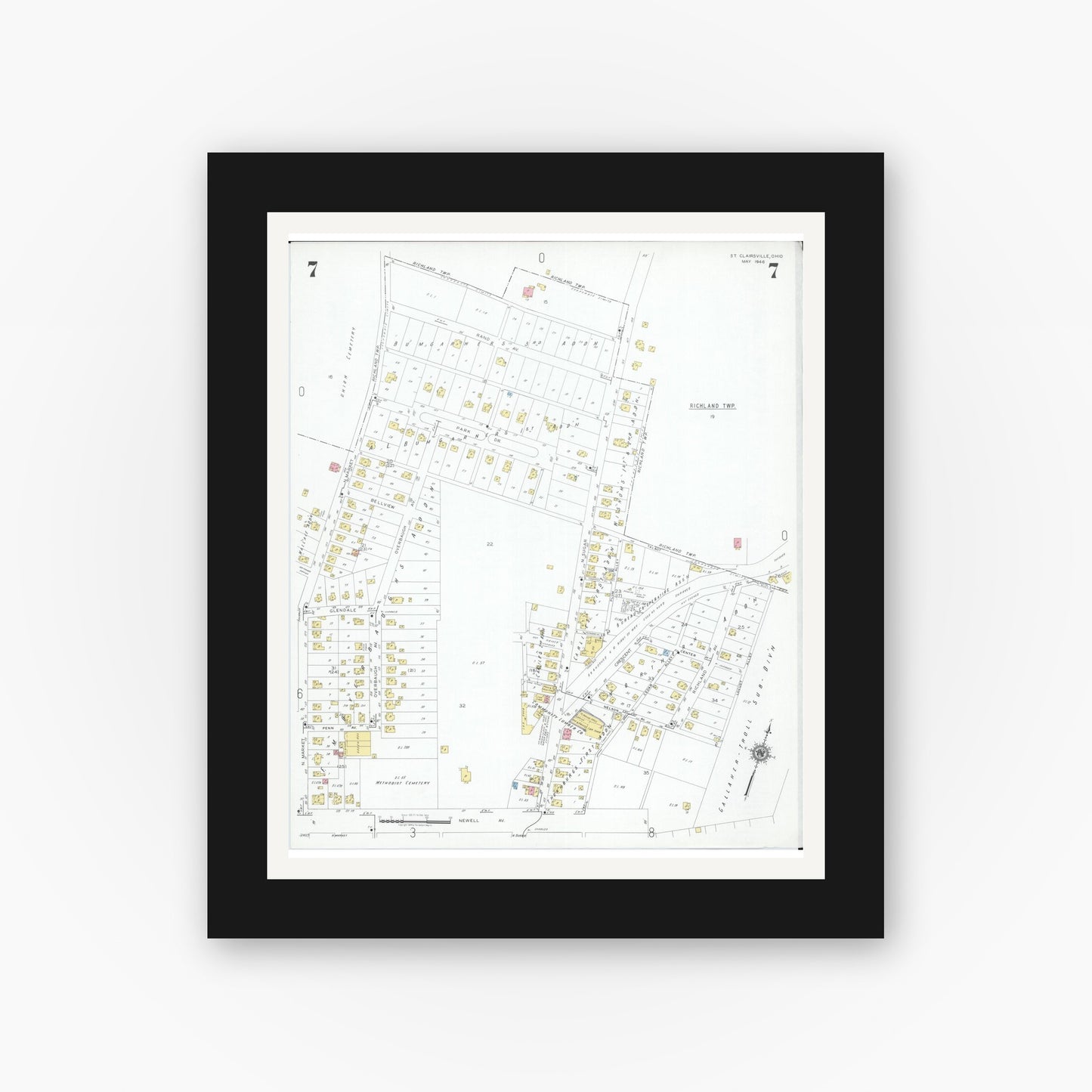 Old map wall art mockup — black gallery frame with white mat — Sanborn Fire Insurance Map from Saint Clairsville, Belmont County, Ohio (1946), Sheet #0007