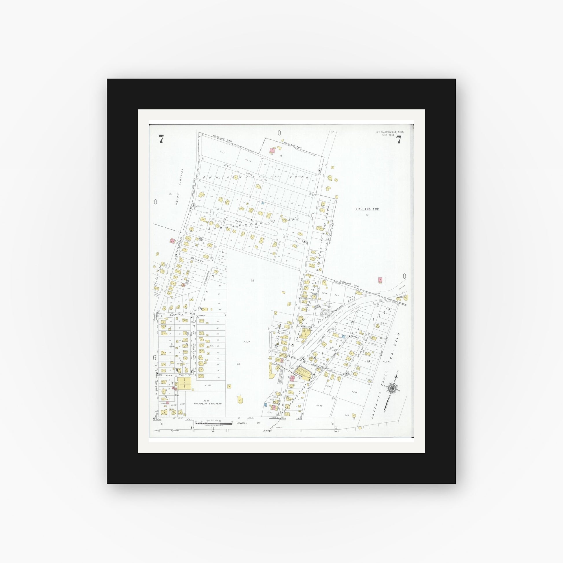 Old map wall art mockup — black gallery frame with white mat — Sanborn Fire Insurance Map from Saint Clairsville, Belmont County, Ohio (1946), Sheet #0007