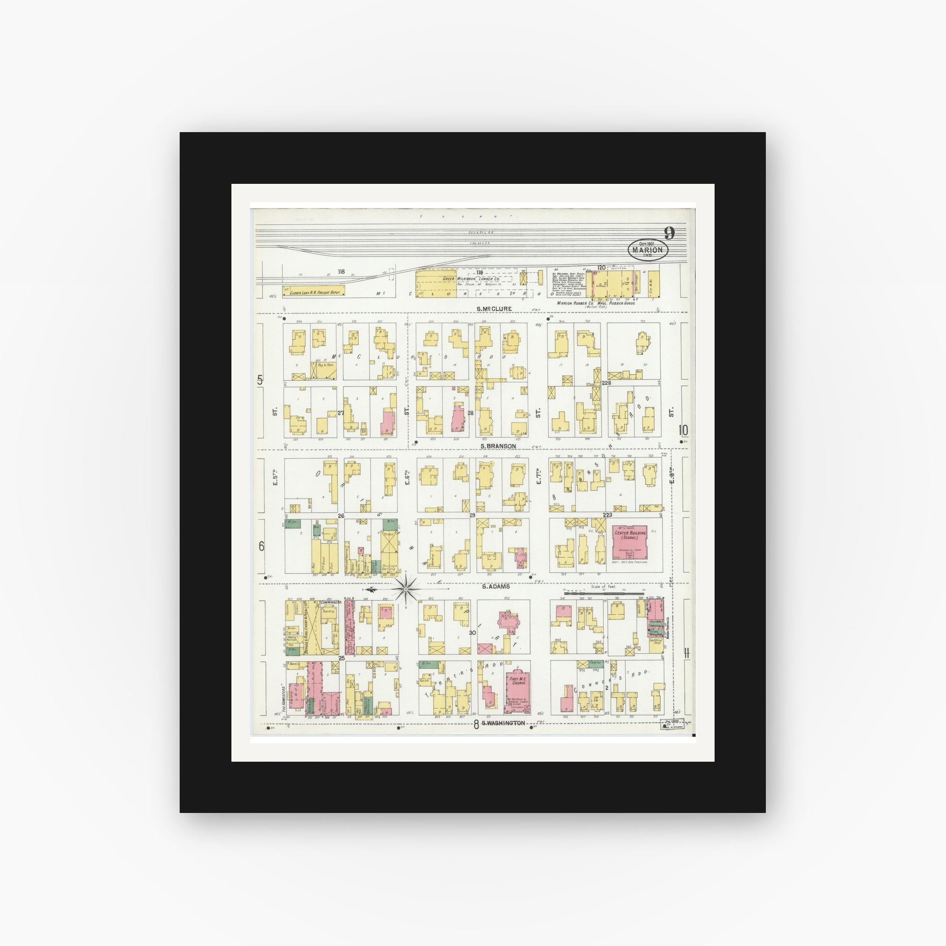 Old map wall art mockup — black gallery frame with white mat — Sanborn Fire Insurance Map from Marion, Grant County, Indiana (1901), Sheet #0009