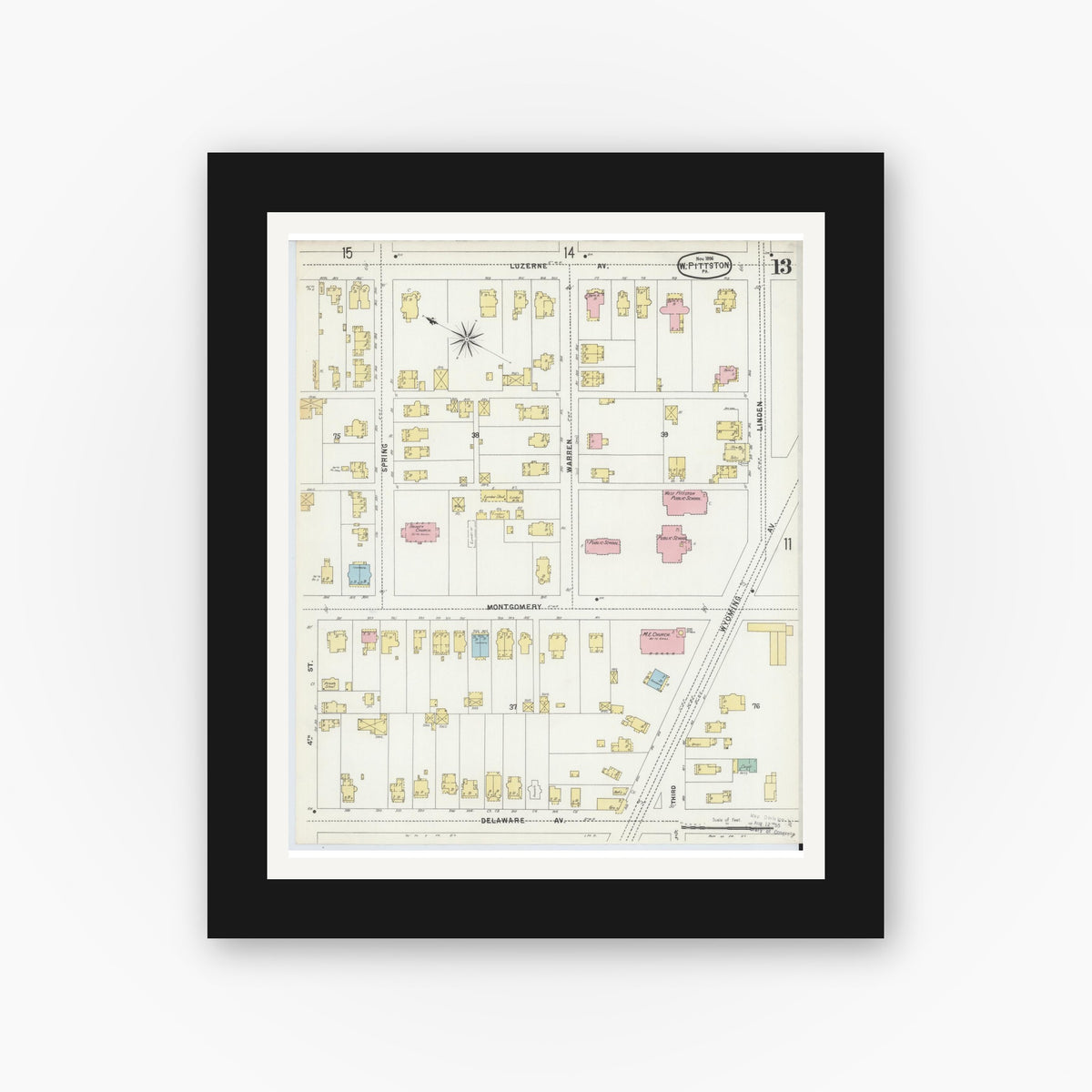 Old map wall art mockup — black gallery frame with white mat — Sanborn Fire Insurance Map from Pittston, Luzerne County, Pennsylvania (1896), Sheet #0013