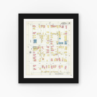Old map wall art mockup — black gallery frame with white mat — Sanborn Fire Insurance Map from Bloomsburg, Columbia County, Pennsylvania (1907), Sheet #0009