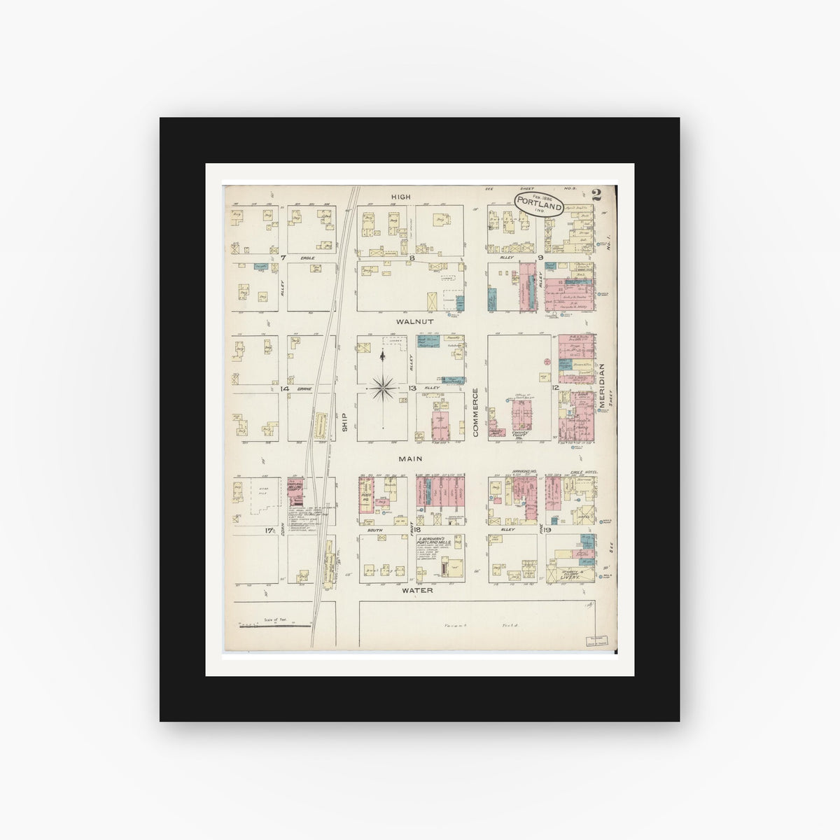 Old map wall art mockup — black gallery frame with white mat — Sanborn Fire Insurance Map from Portland, Jay County, Indiana (1886), Sheet #0002