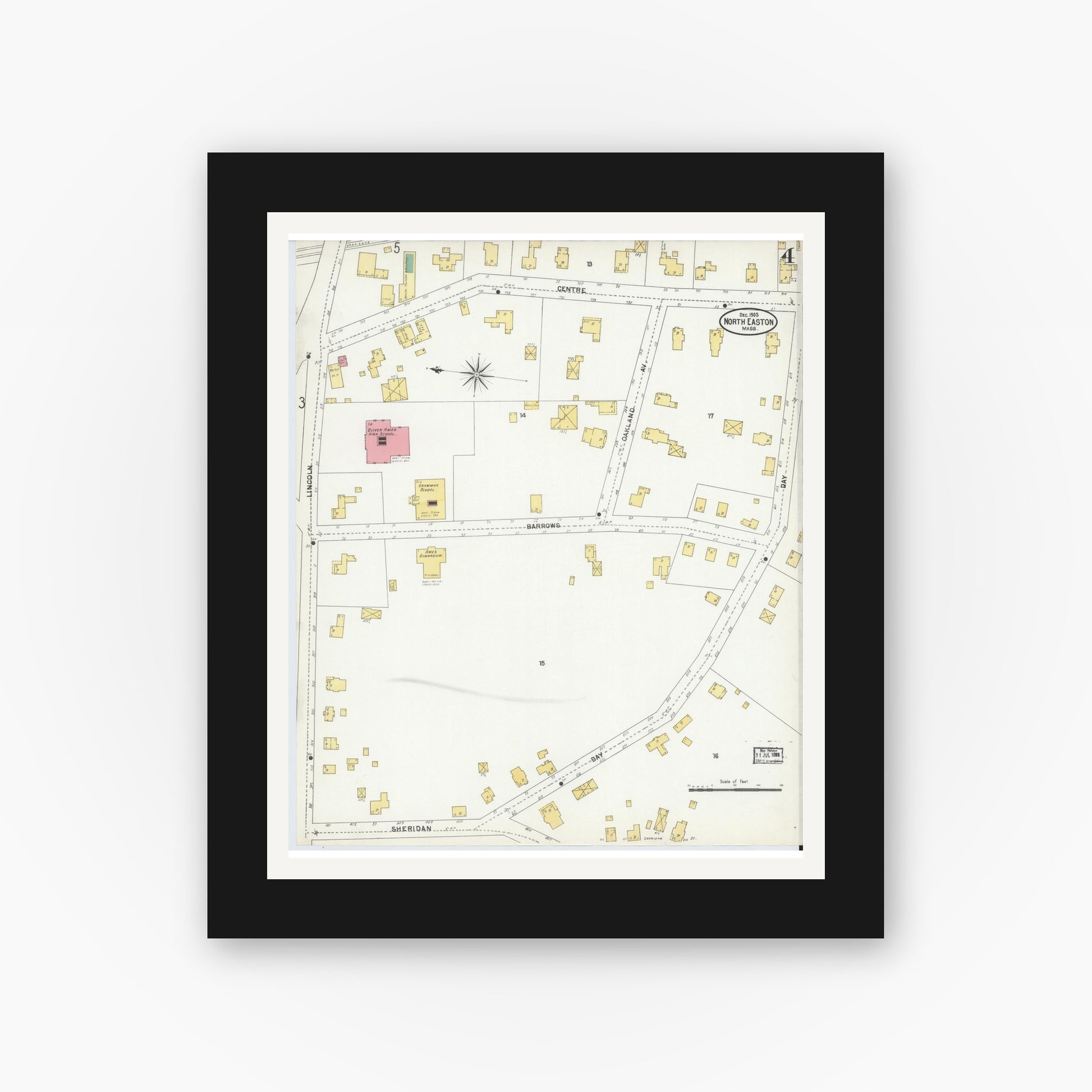 Old map wall art mockup — black gallery frame with white mat — Sanborn Fire Insurance Map from North Easton, Bristol County, Massachusetts (1903), Sheet #0004
