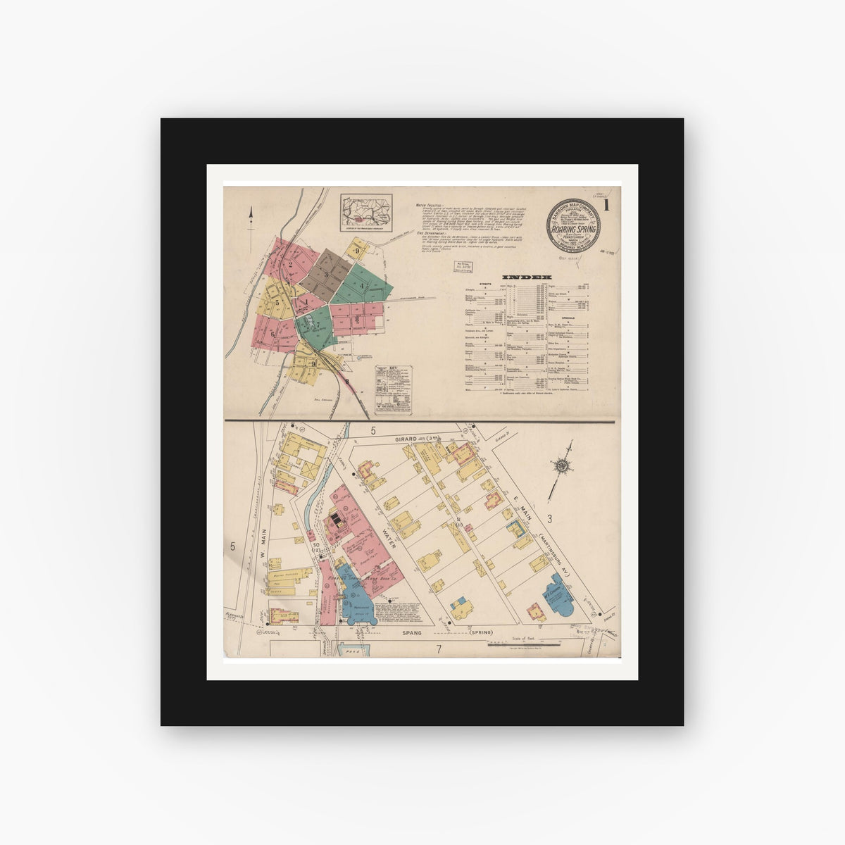 Old map wall art mockup — black gallery frame with white mat — Sanborn Fire Insurance Map from Roaring Spring, Blair County, Pennsylvania (1922) - Complete Map Set