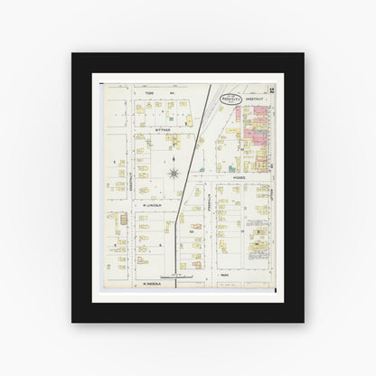 Old map wall art mockup — black gallery frame with white mat — Sanborn Fire Insurance Map from Reed City, Osceola County, Michigan (1890), Sheet #0002