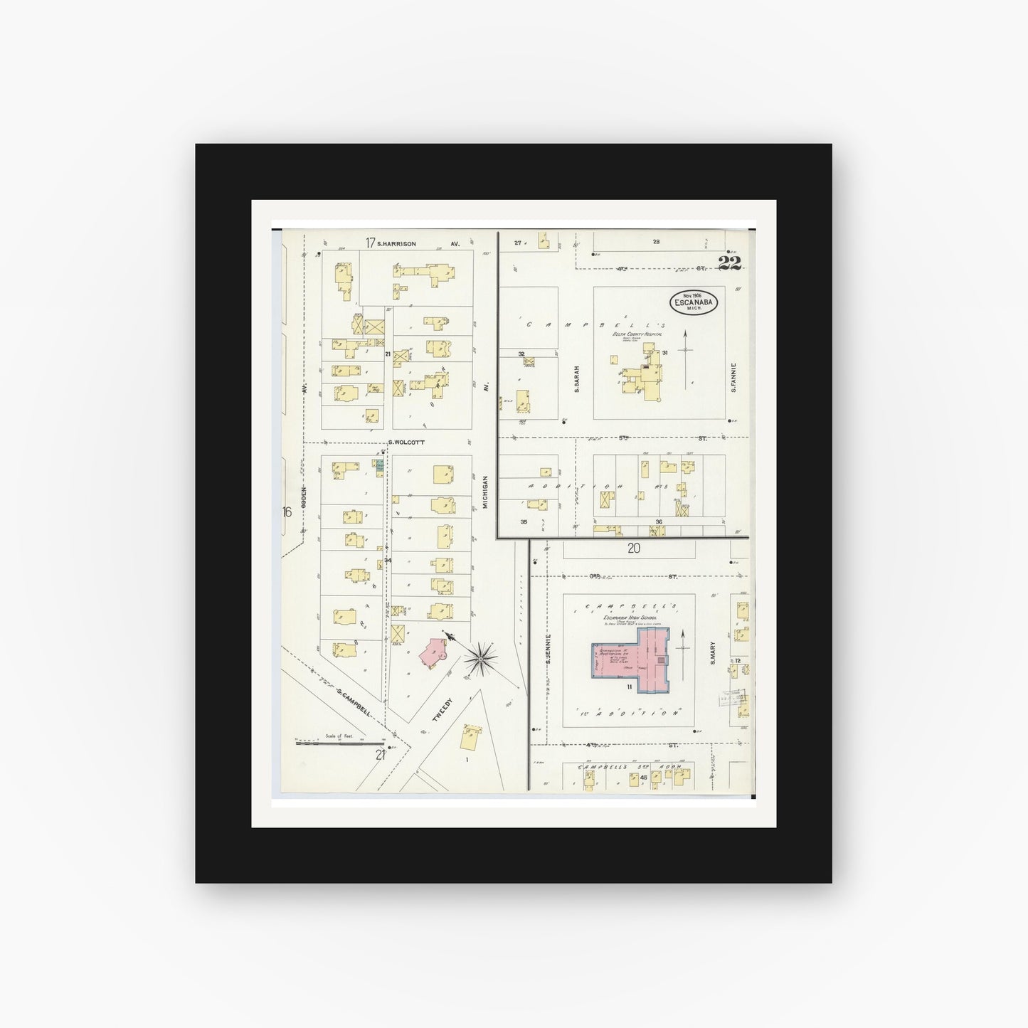 Old map wall art mockup — black gallery frame with white mat — Sanborn Fire Insurance Map from Escanaba, Delta County, Michigan (1906), Sheet #0022