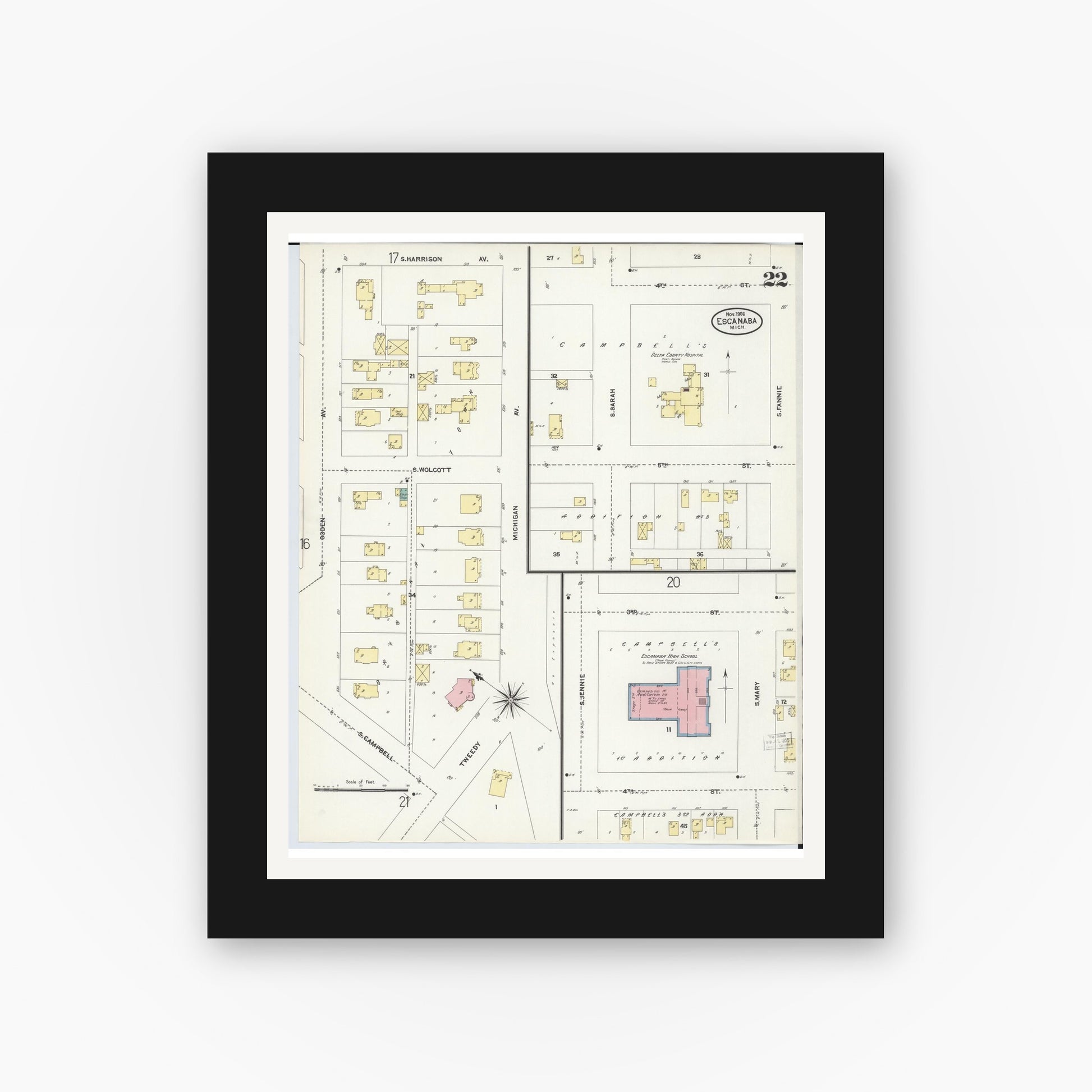 Old map wall art mockup — black gallery frame with white mat — Sanborn Fire Insurance Map from Escanaba, Delta County, Michigan (1906), Sheet #0022
