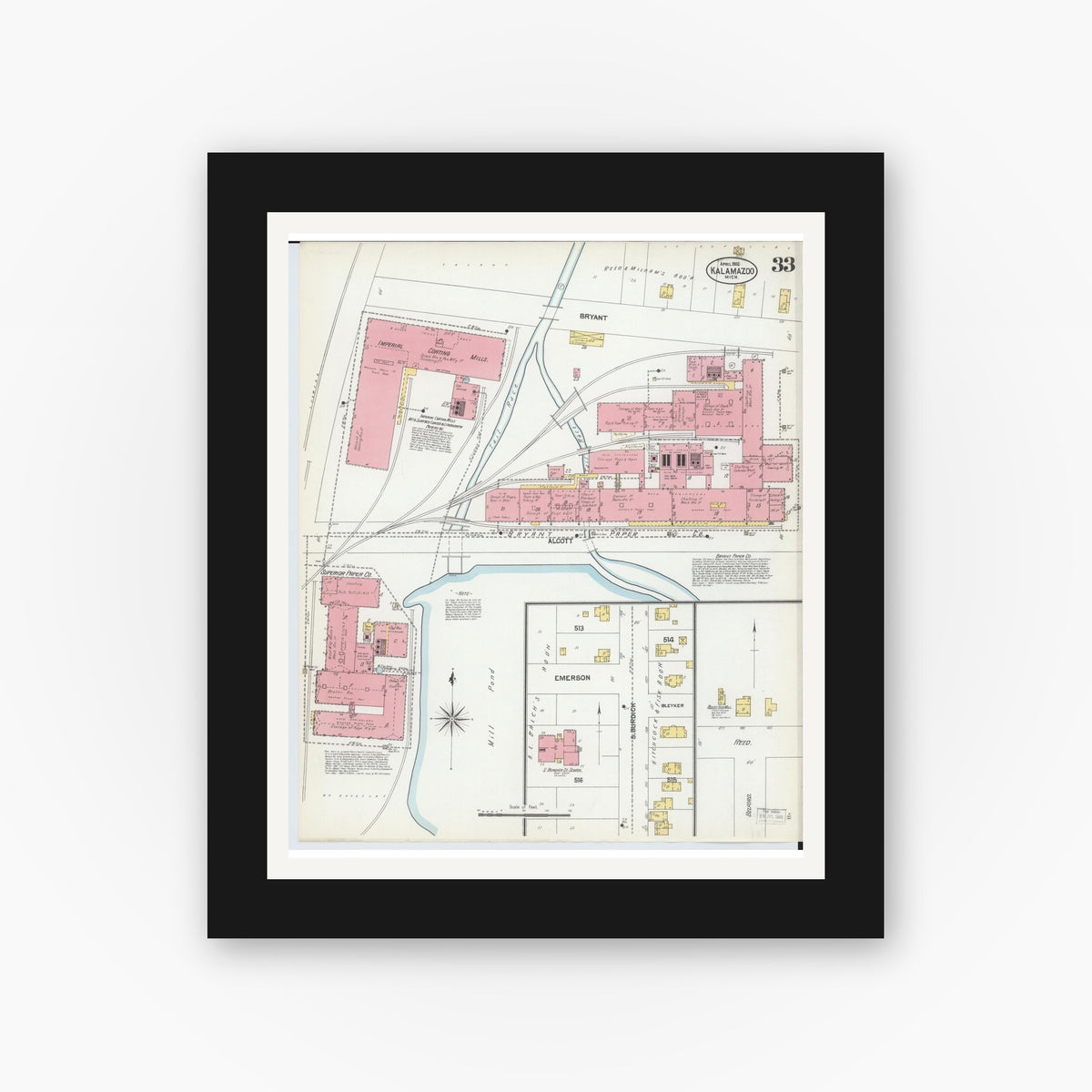 Old map wall art mockup — black gallery frame with white mat — Sanborn Fire Insurance Map from Kalamazoo, Kalamazoo County, Michigan (1902), Sheet #0033