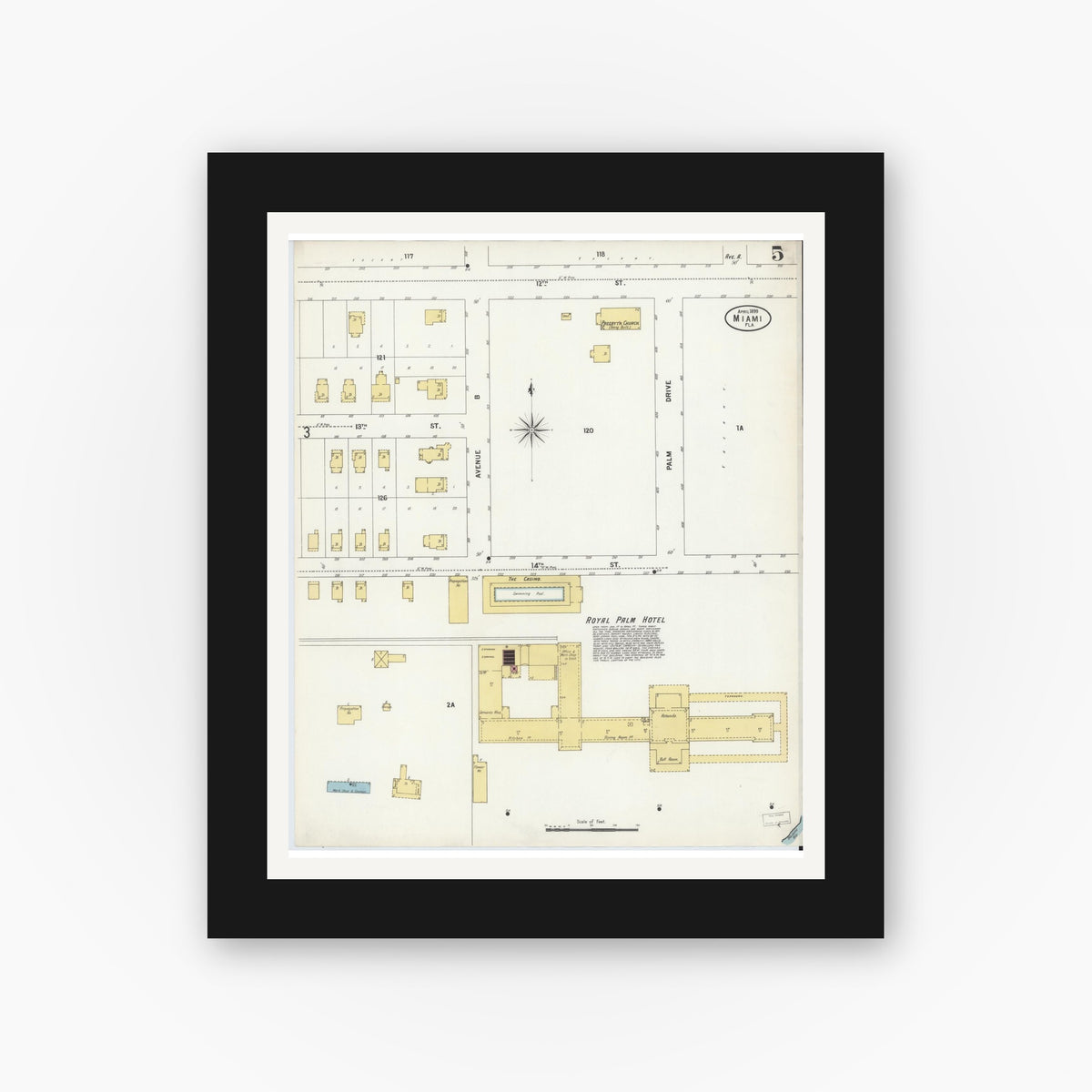 Old map wall art mockup — black gallery frame with white mat — Sanborn Fire Insurance Map from Miami, Dade County, Florida (1899), Sheet #0005