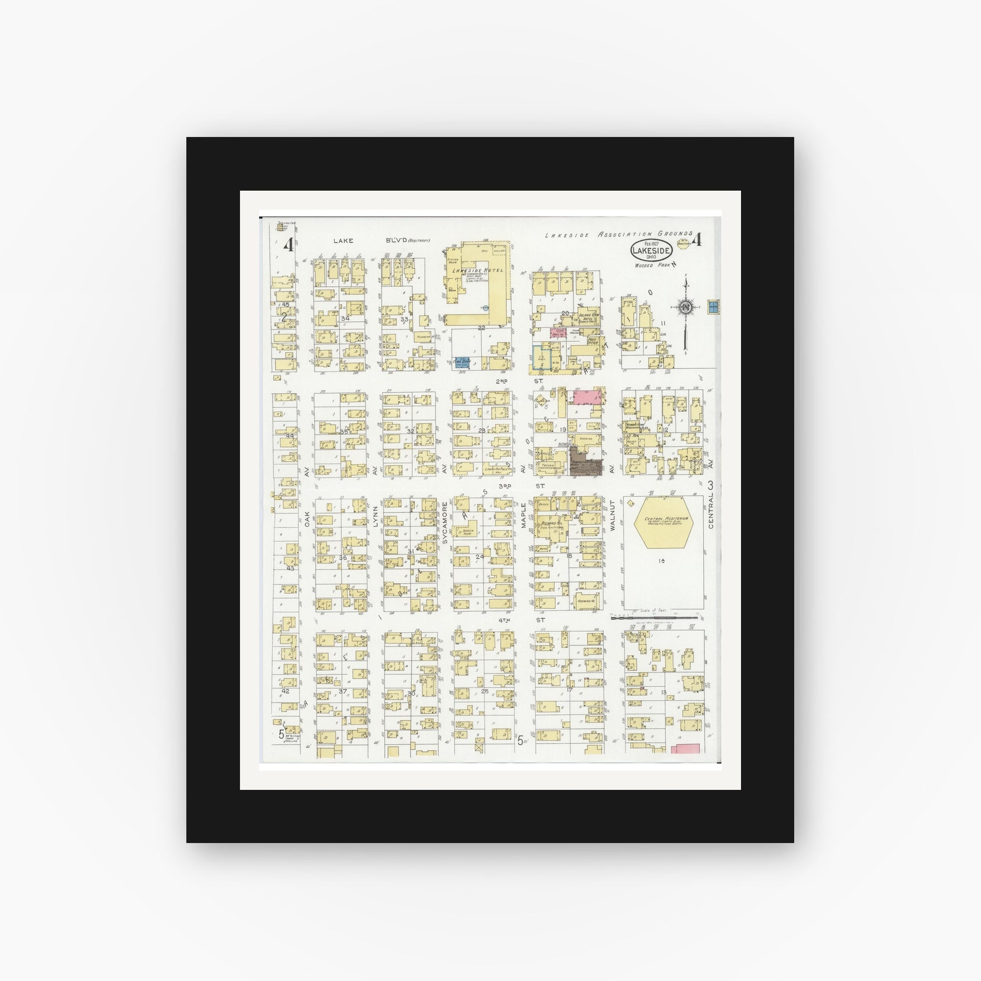 Old map wall art mockup — black gallery frame with white mat — Sanborn Fire Insurance Map from Lakeside, Ottawa County, Ohio (1927), Sheet #0004