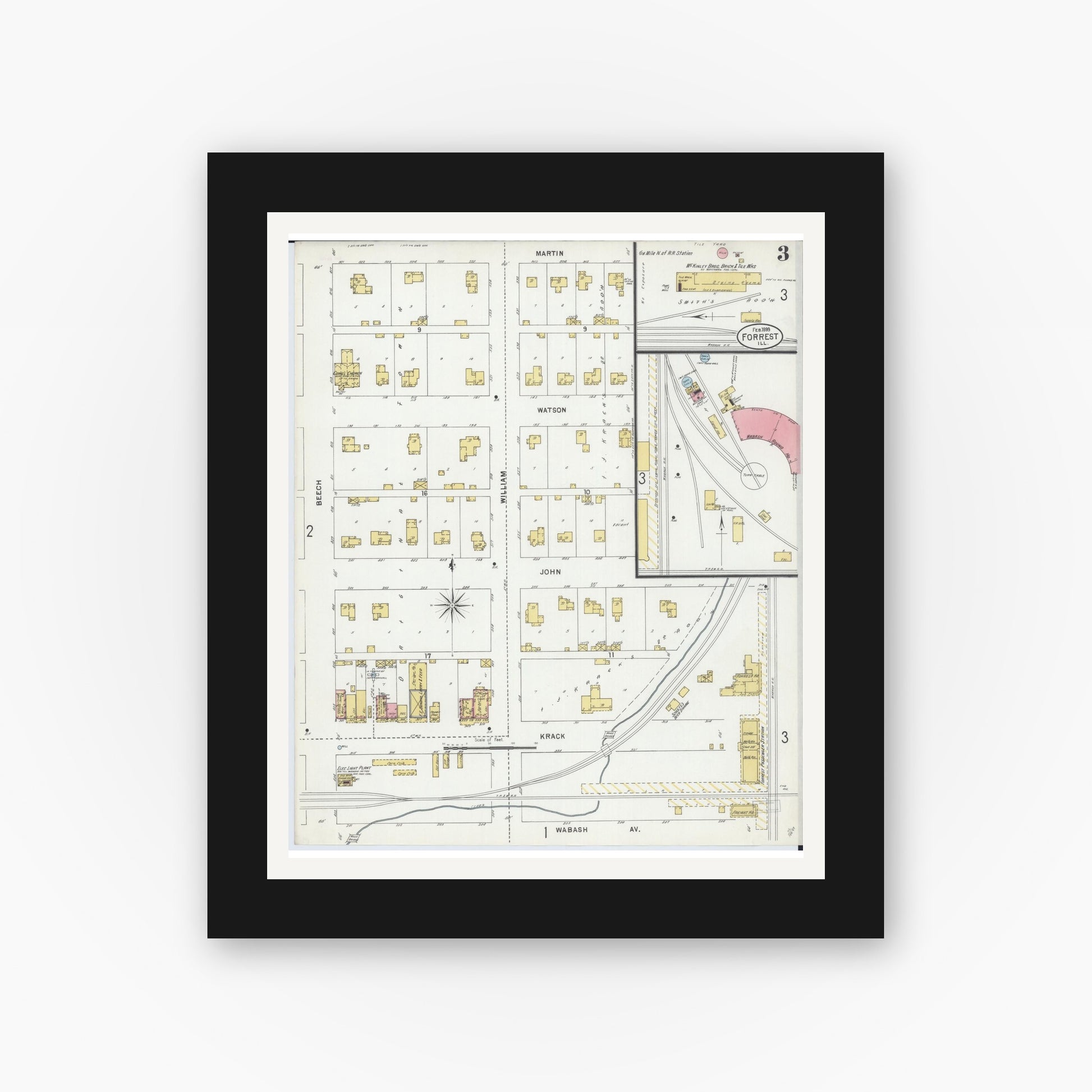Old map wall art mockup — black gallery frame with white mat — Sanborn Fire Insurance Map from Forrest, Livingston County, Illinois (1899), Sheet #0003