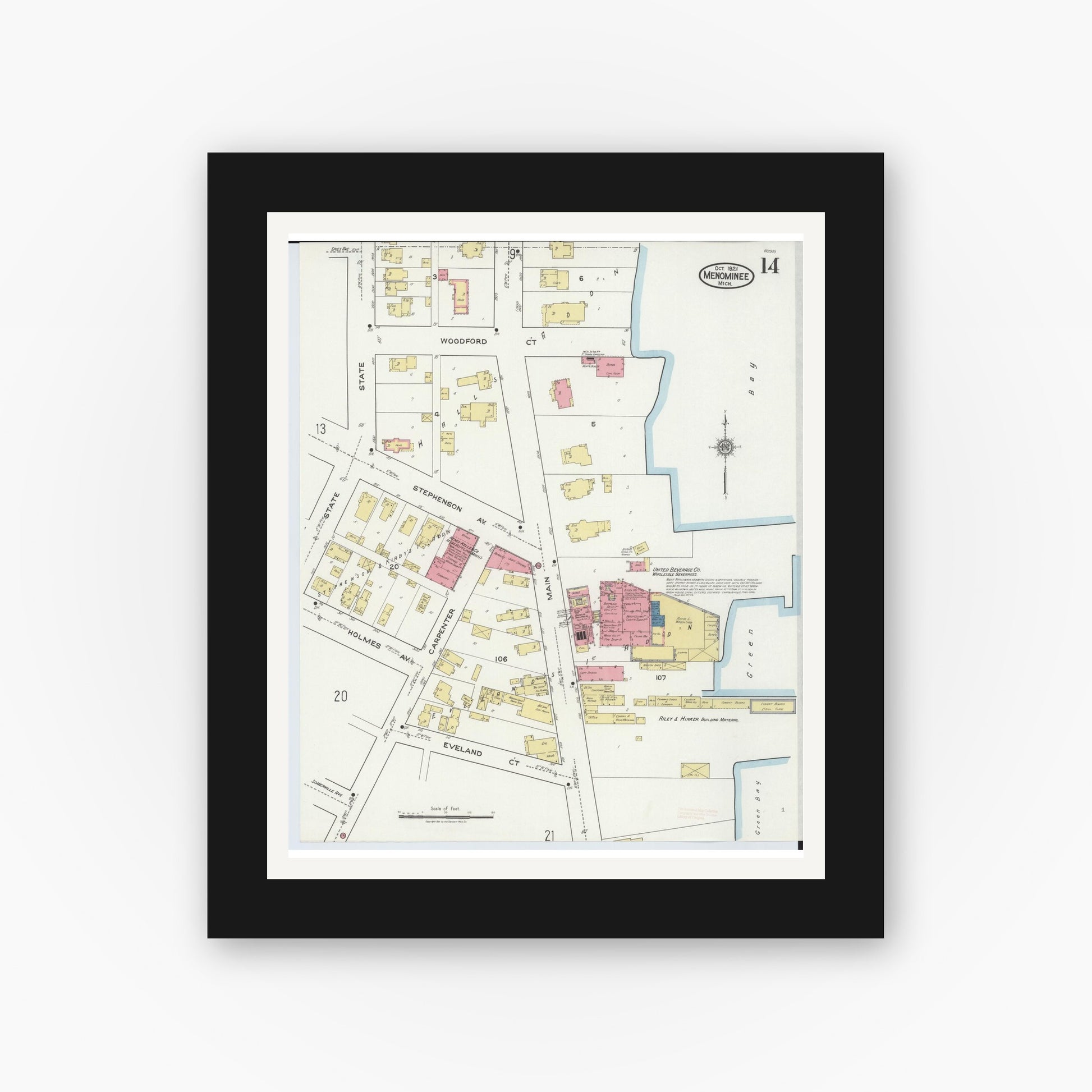 Old map wall art mockup — black gallery frame with white mat — Sanborn Fire Insurance Map from Menominee, Menominee County, Michigan (1921), Sheet #0014