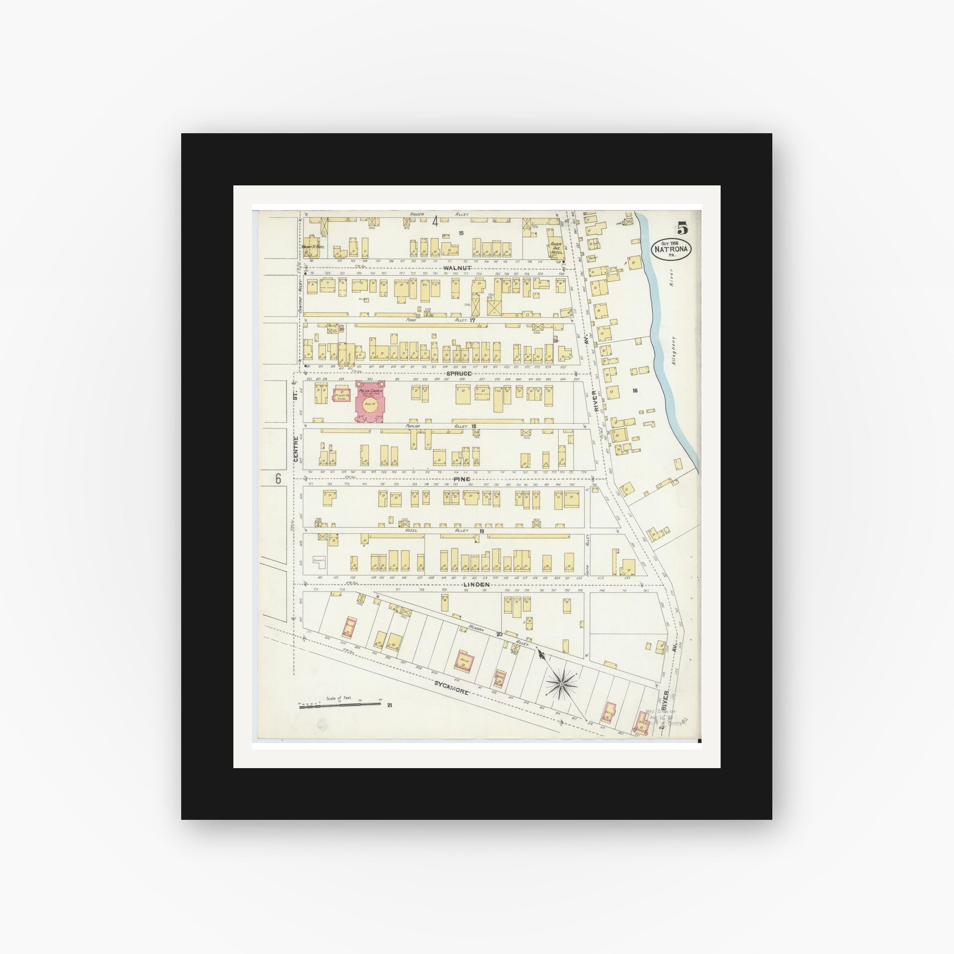 Old map wall art mockup — black gallery frame with white mat — Sanborn Fire Insurance Map from Natrona, Allegheny County, Pennsylvania (1906), Sheet #0005