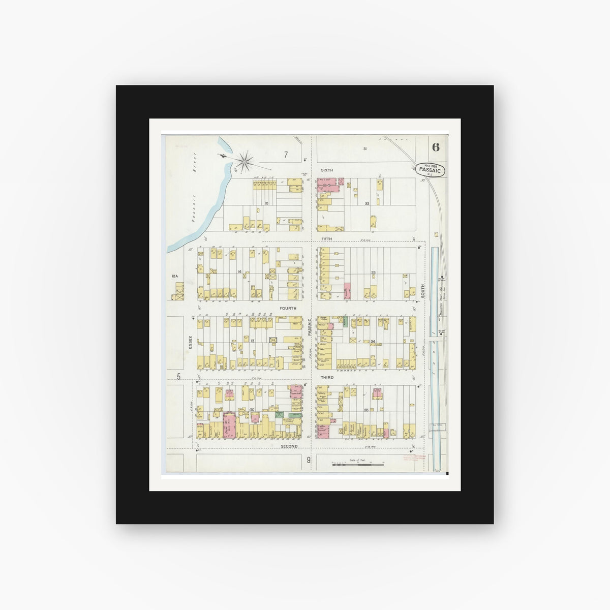 Old map wall art mockup — black gallery frame with white mat — Sanborn Fire Insurance Map from Passaic, Passaic County, New Jersey (1899), Sheet #0006
