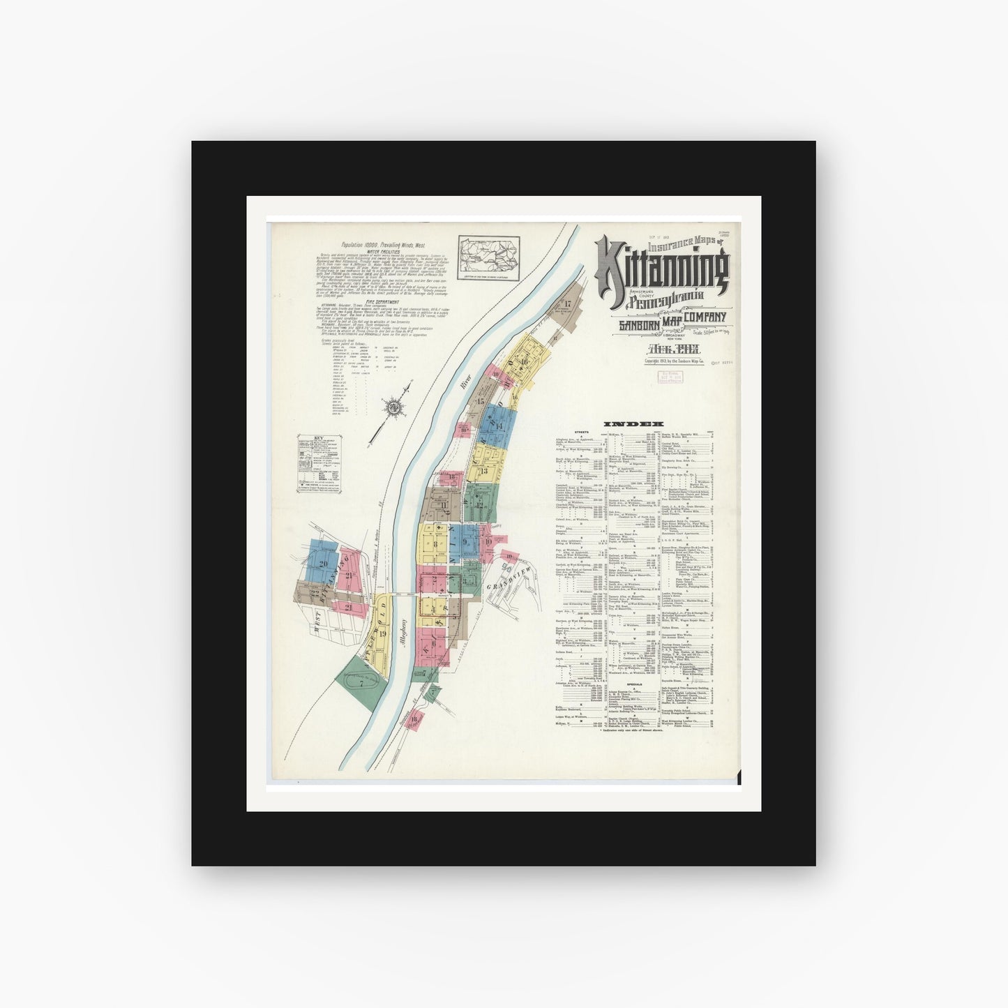 Old map wall art mockup — black gallery frame with white mat — Sanborn Fire Insurance Map from Kittanning, Armstrong County, Pennsylvania (1913), Sheet #0001
